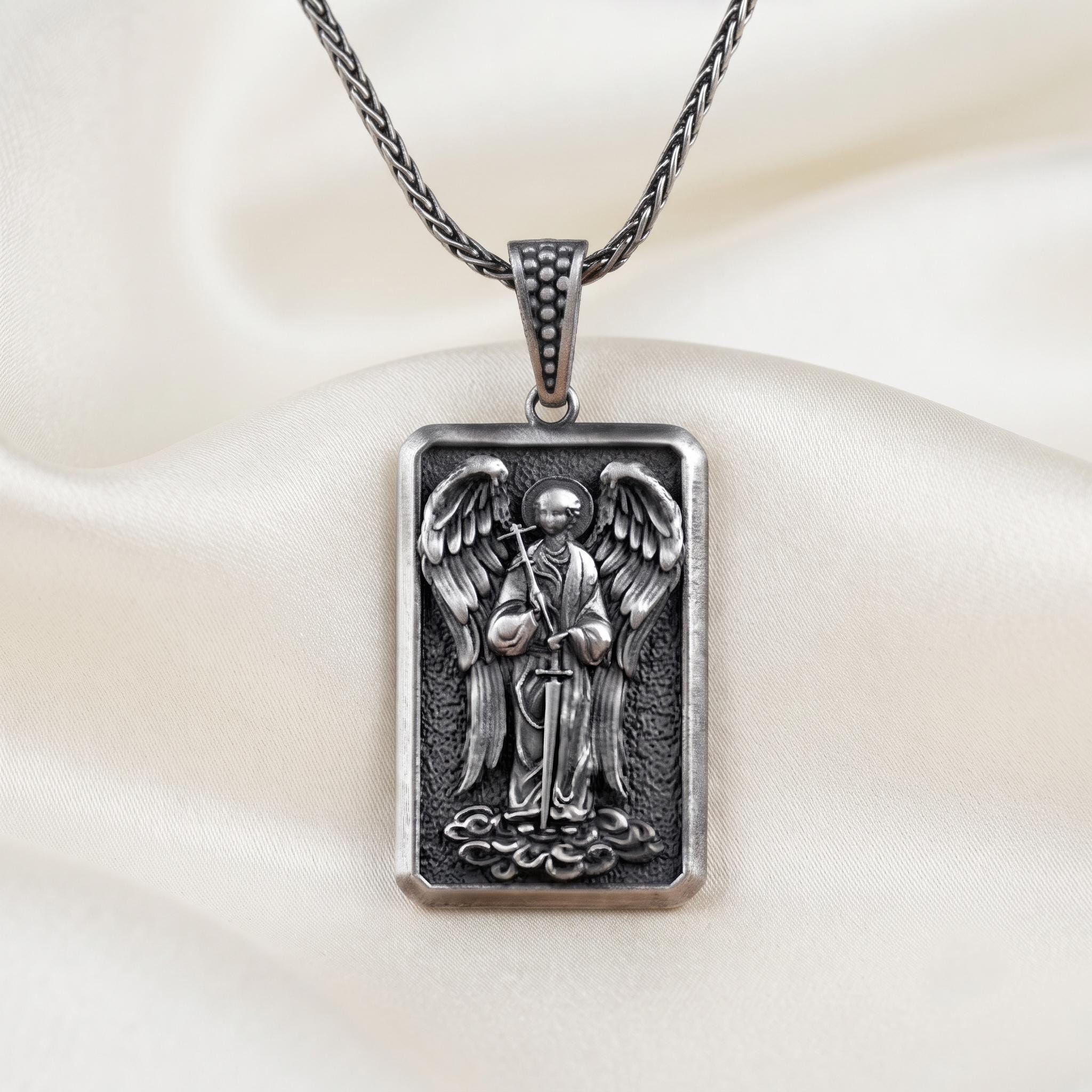 Handmade Sterling Silver Archangel Michael Pendant, Oxidized Guardian Angel Necklace