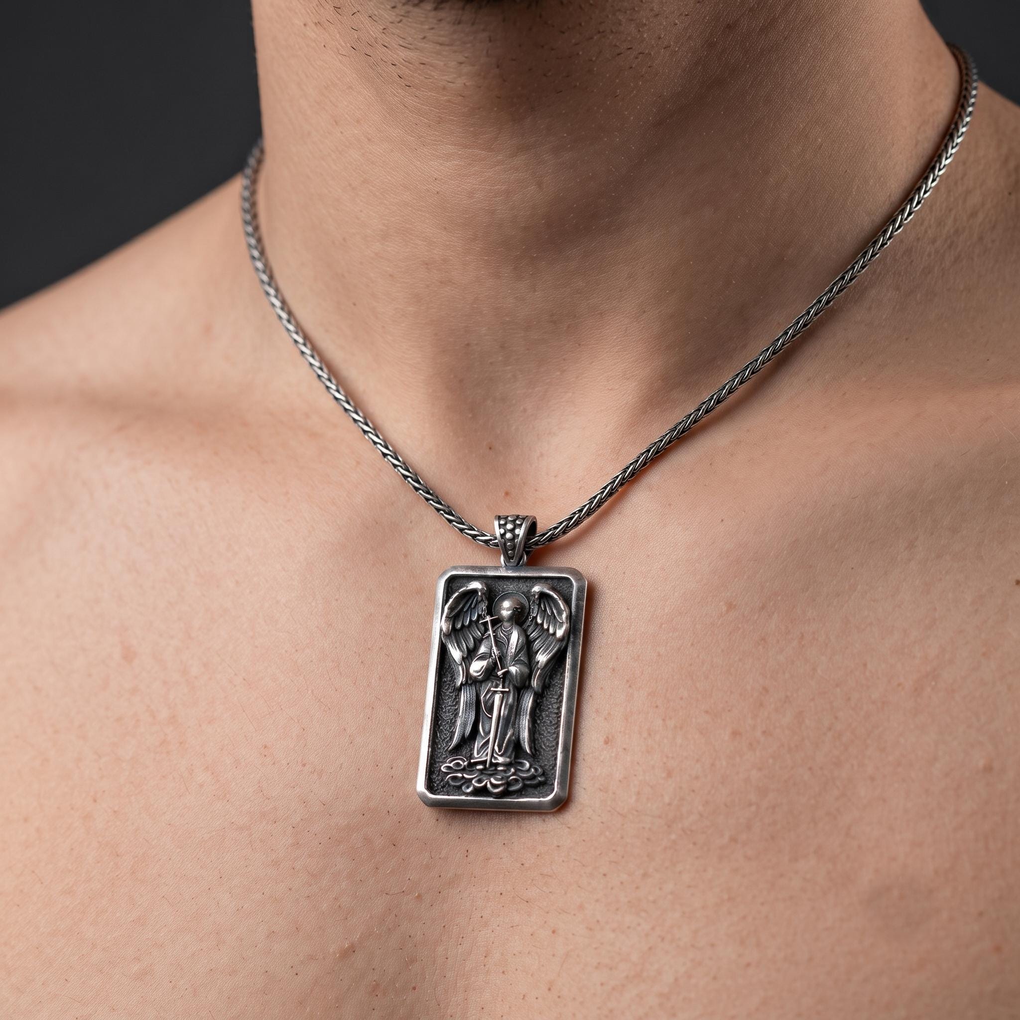 Handmade Sterling Silver Archangel Michael Pendant, Oxidized Guardian Angel Necklace