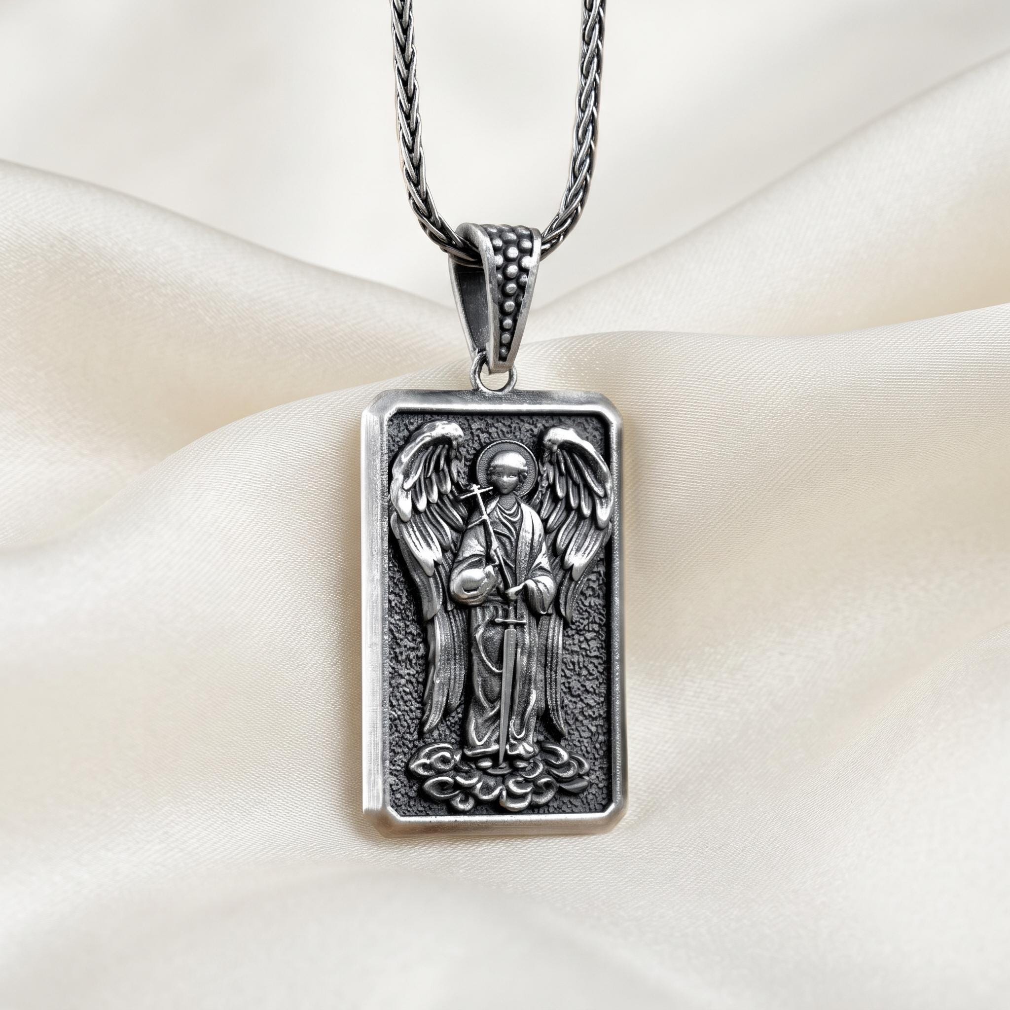Handmade Sterling Silver Archangel Michael Pendant, Oxidized Guardian Angel Necklace