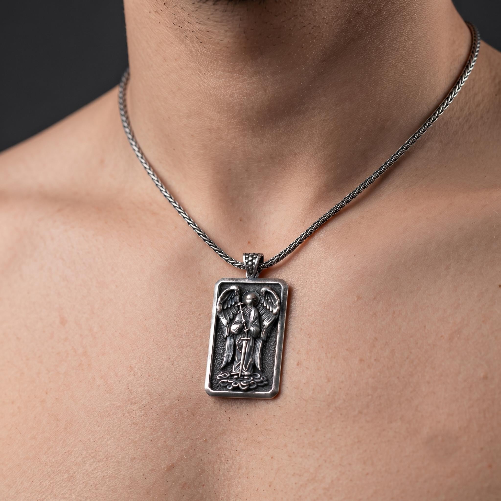 Handmade Sterling Silver Archangel Michael Pendant, Oxidized Guardian Angel Necklace
