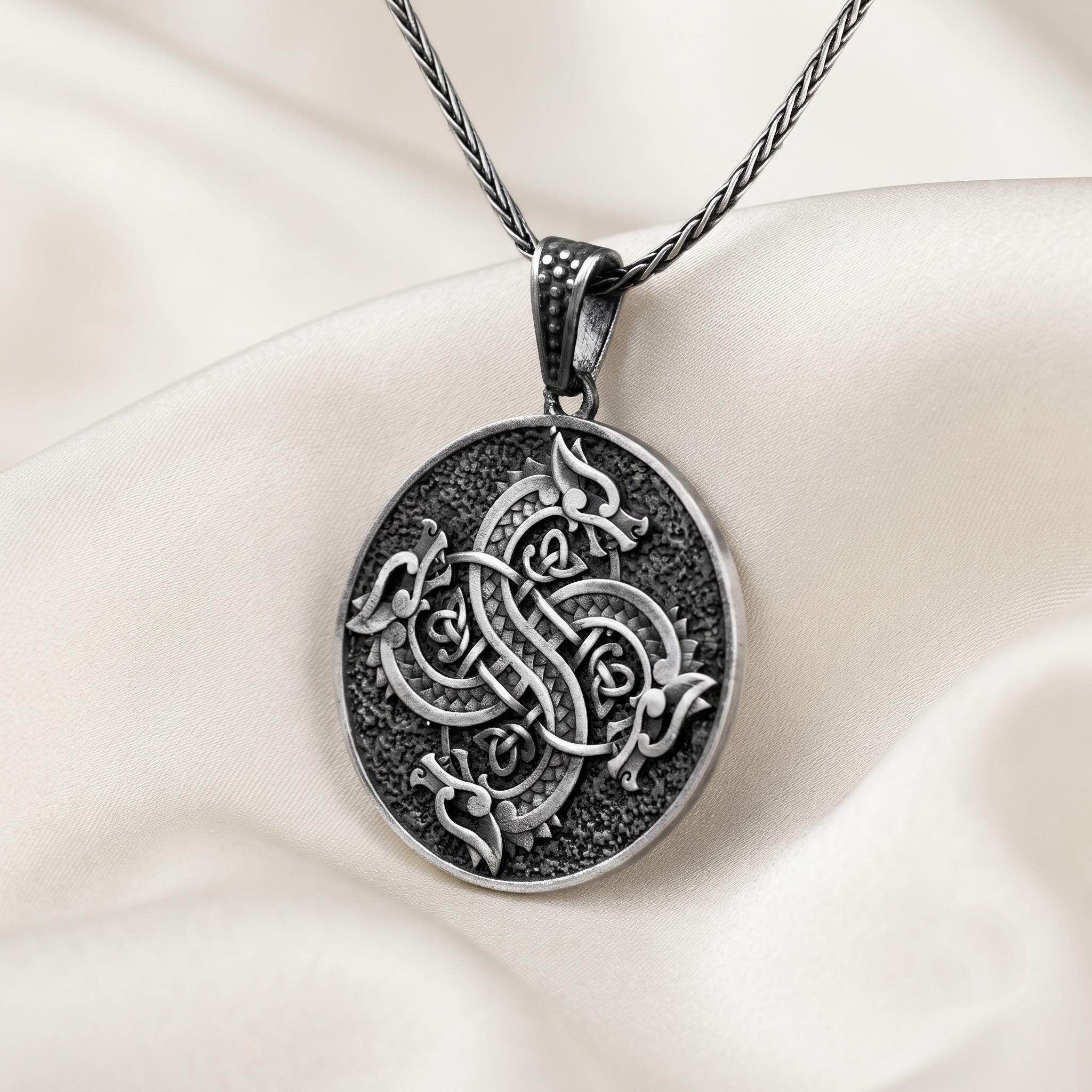 Oxidized Sterling Silver Viking Dragon Pendant, Celtic Knot Necklace, Norse Mythology Amulet