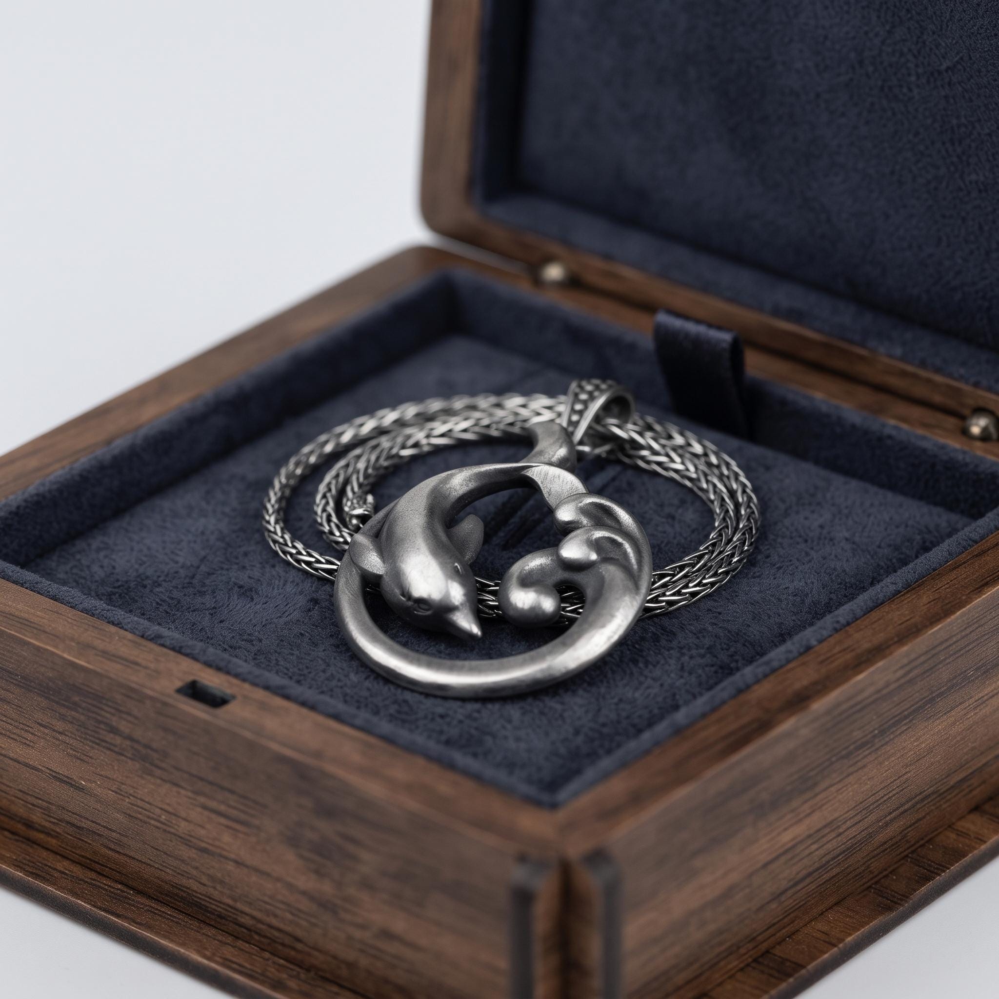 Sterling Silver Dolphin Wave Pendant, Oxidized Nautical Jewelry, Sea Life Necklace