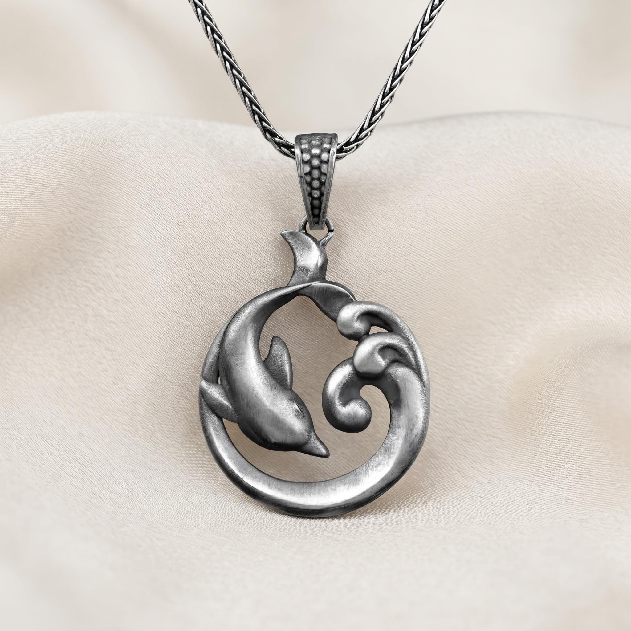 Sterling Silver Dolphin Wave Pendant, Oxidized Nautical Jewelry, Sea Life Necklace