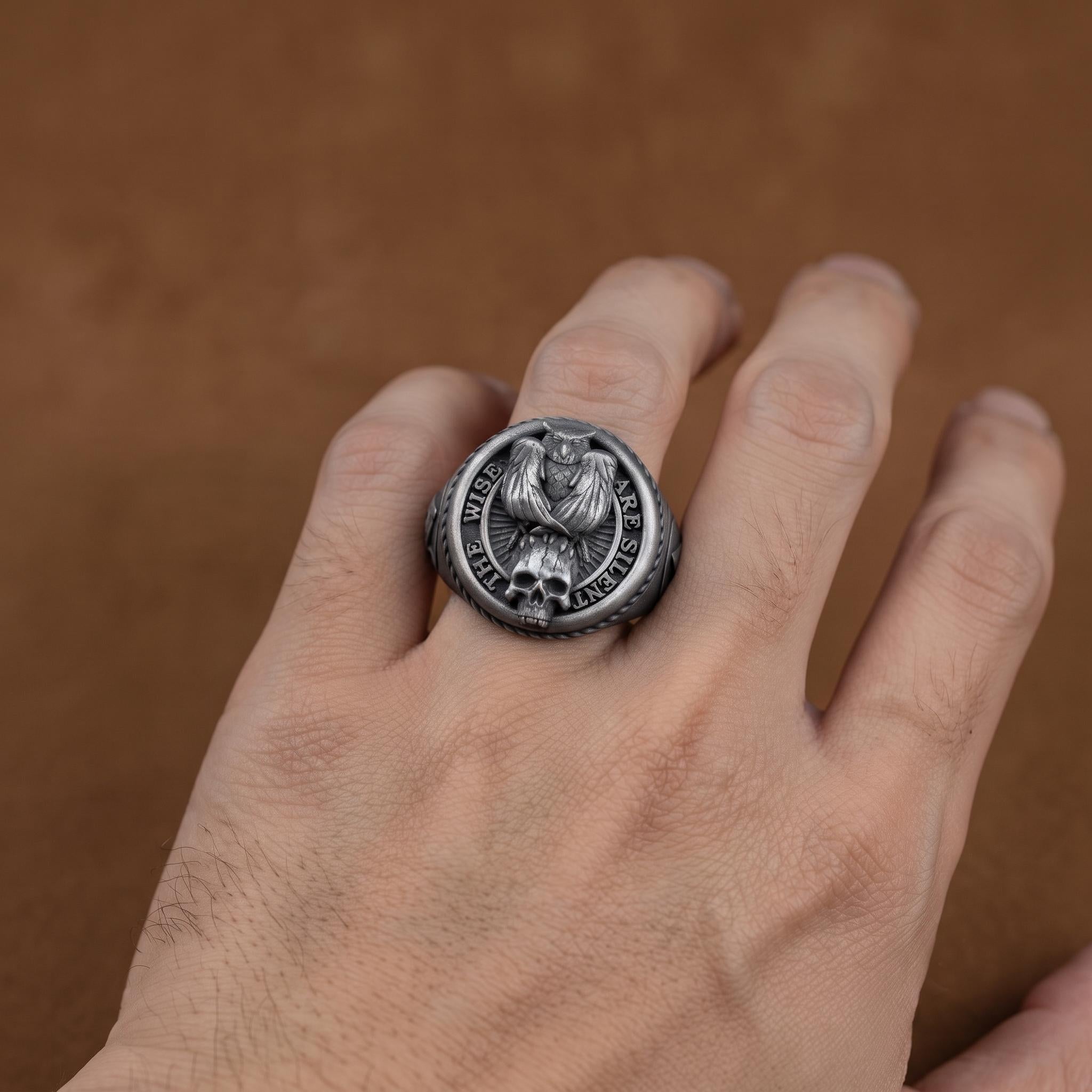 Sterling Silver Owl Skull Signet Ring, 