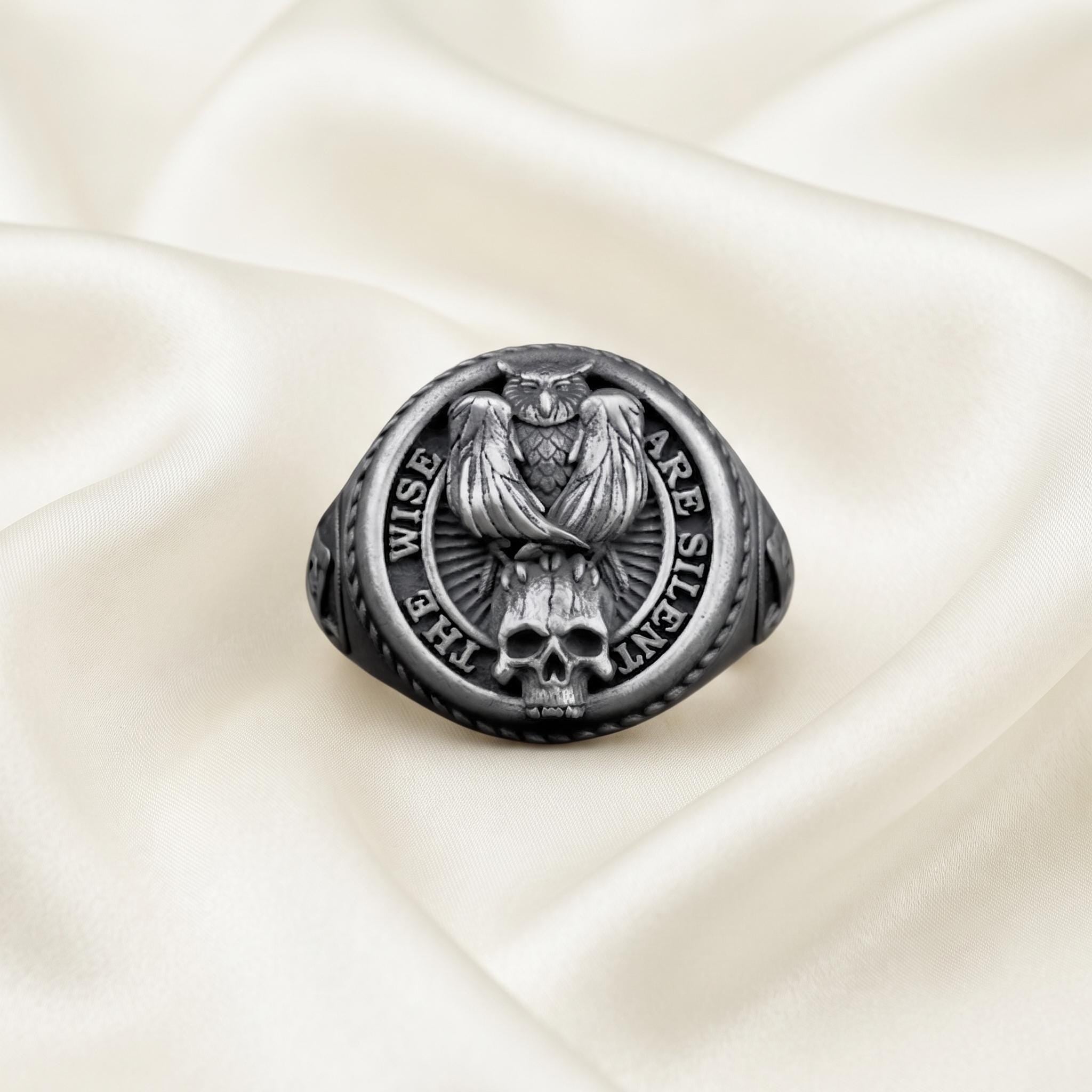 Sterling Silver Owl Skull Signet Ring, 