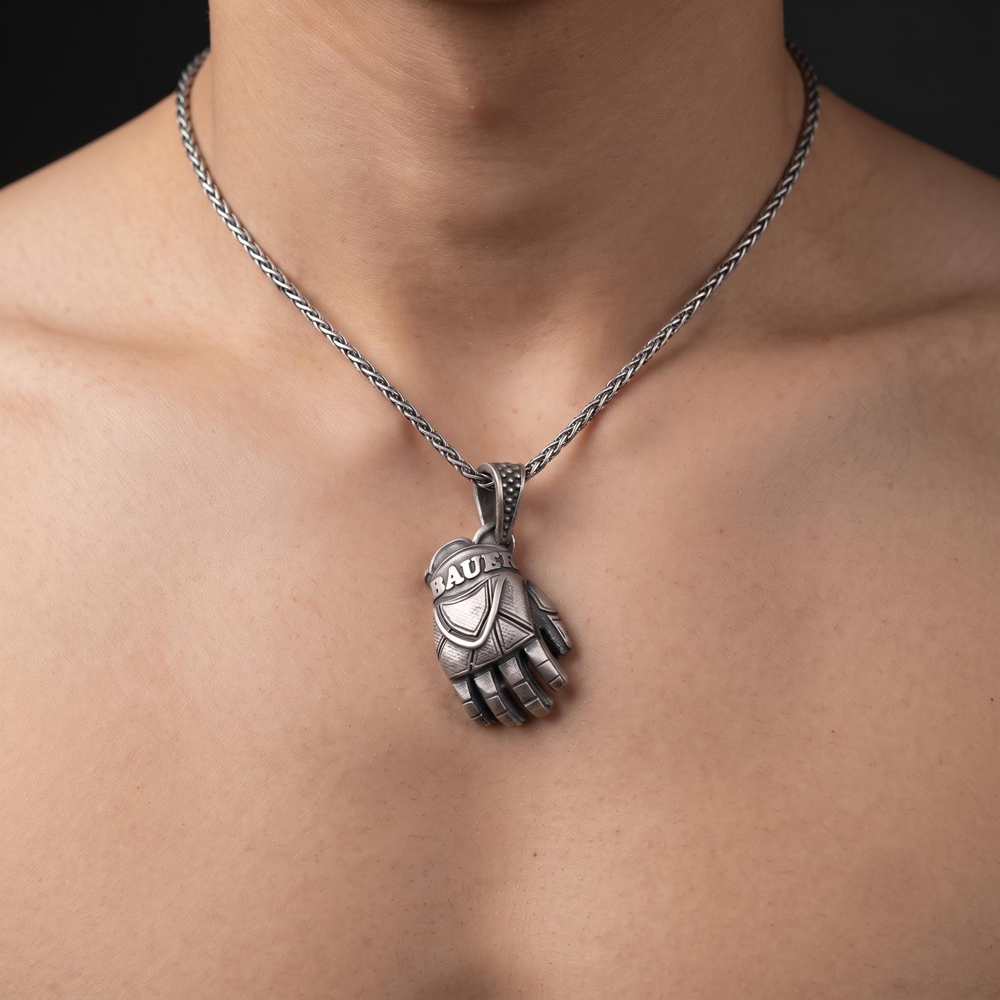 Sterling Silver Hockey Glove Pendant, Oxidized Vintage Finish, Bauer Brand Detailing