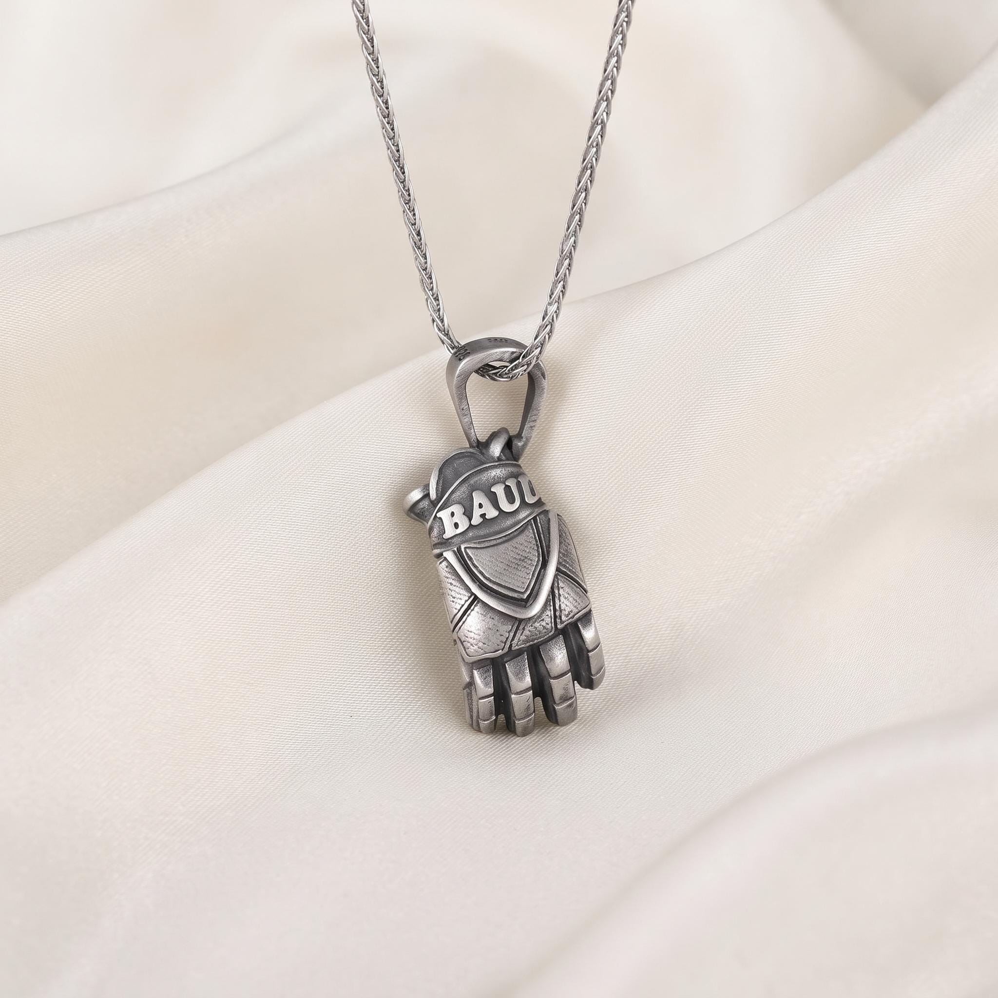 Sterling Silver Hockey Glove Pendant, Oxidized Vintage Finish, Bauer Brand Detailing