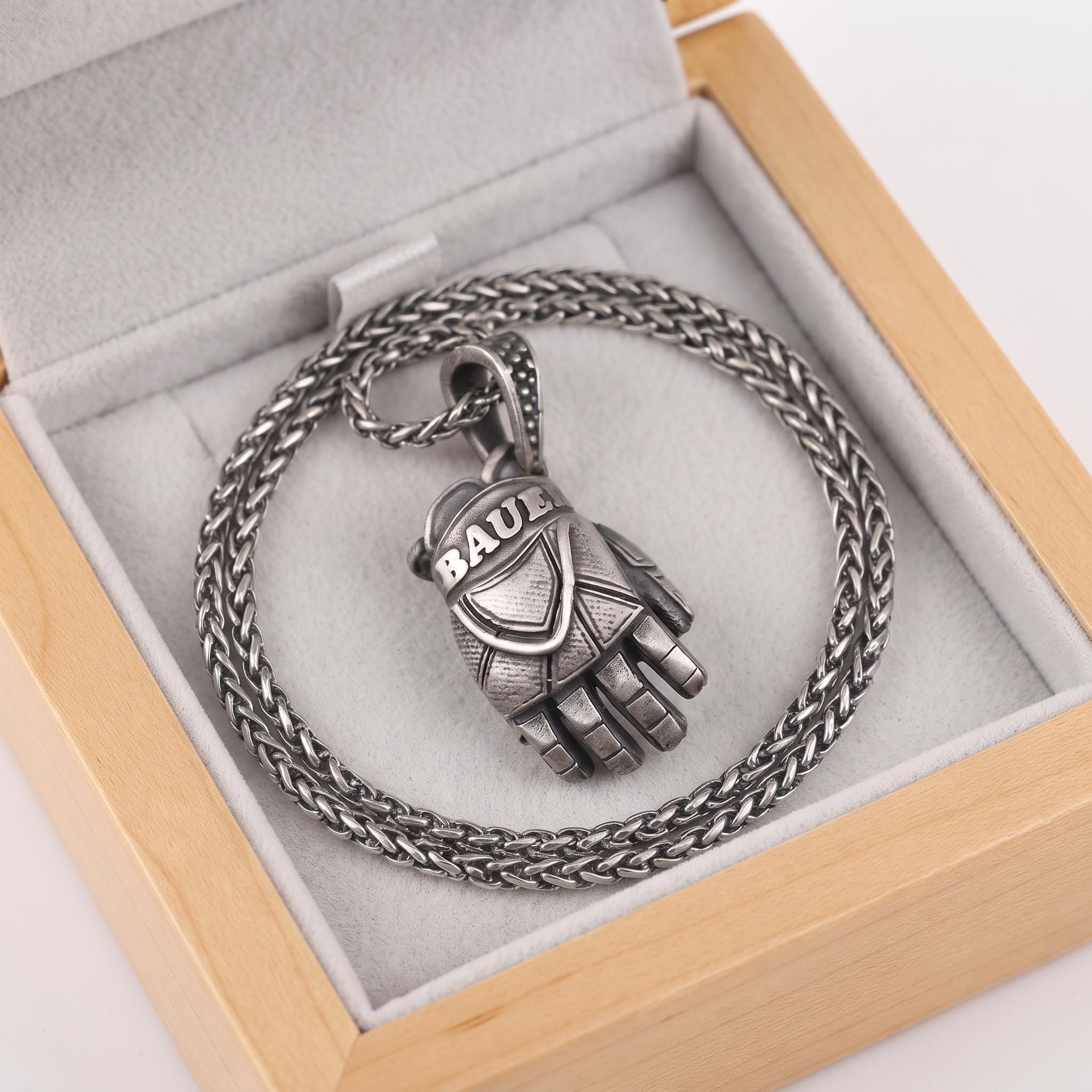 Sterling Silver Hockey Glove Pendant, Oxidized Vintage Finish, Bauer Brand Detailing
