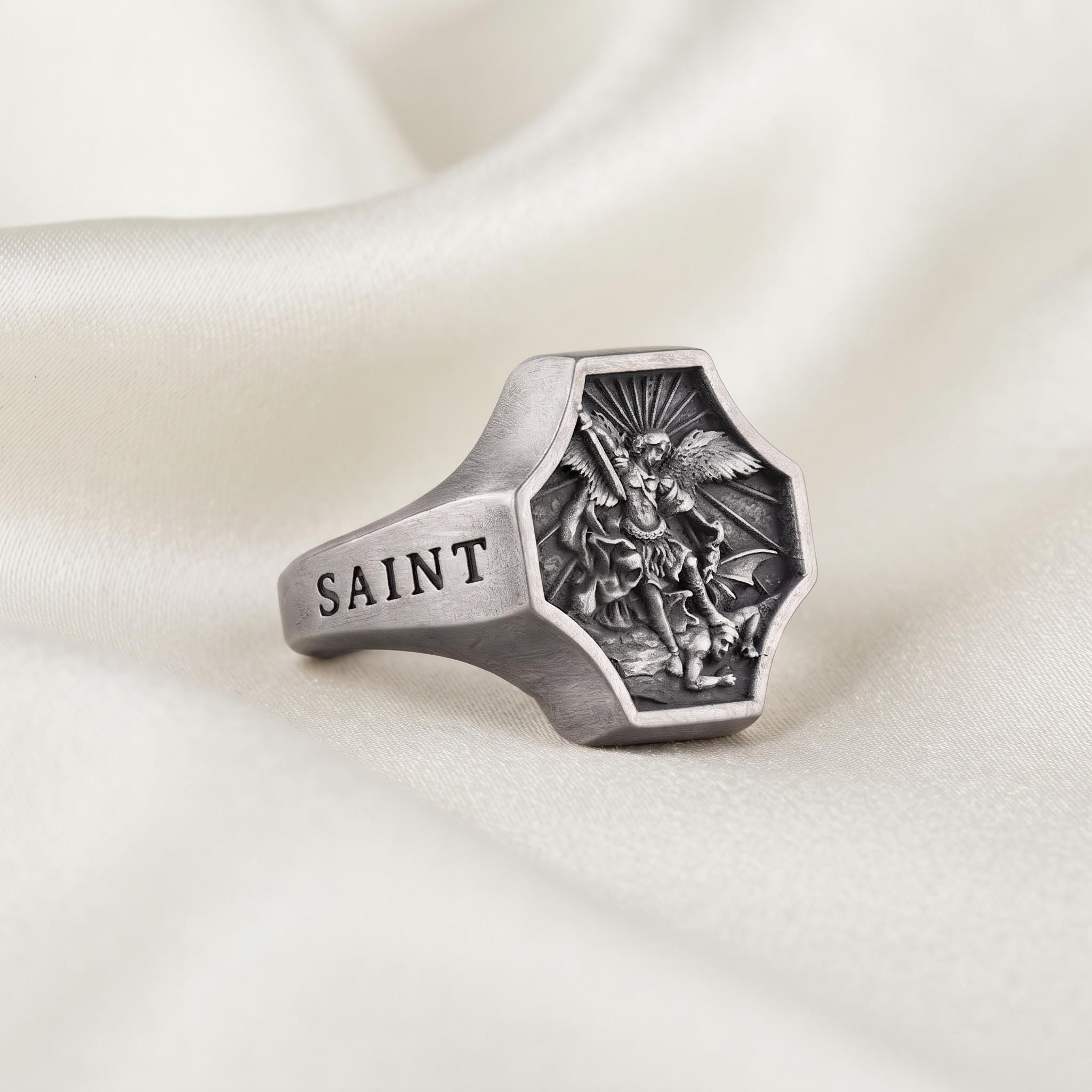 Handcrafted Sterling Silver St. Michael Signet Ring, Antique Oxidized Finish, Catholic Protection Jewelry
