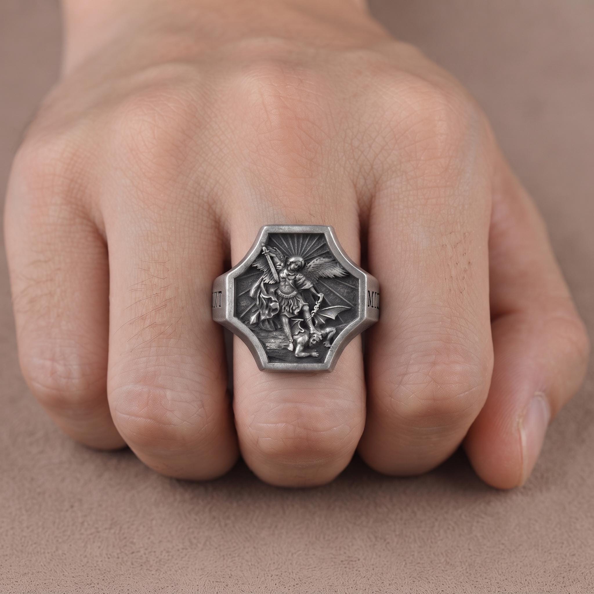 Handcrafted Sterling Silver St. Michael Signet Ring, Antique Oxidized Finish, Catholic Protection Jewelry