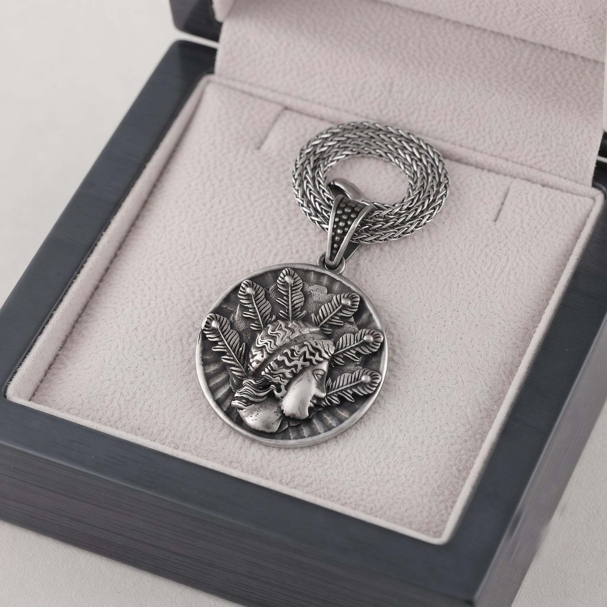 Oxidized Sterling Silver Greek Goddess Coin Pendant, Ancient Roman Mythology Necklace