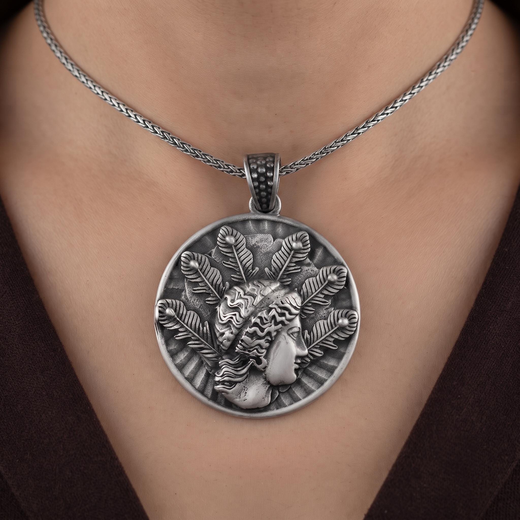 Oxidized Sterling Silver Greek Goddess Coin Pendant, Ancient Roman Mythology Necklace