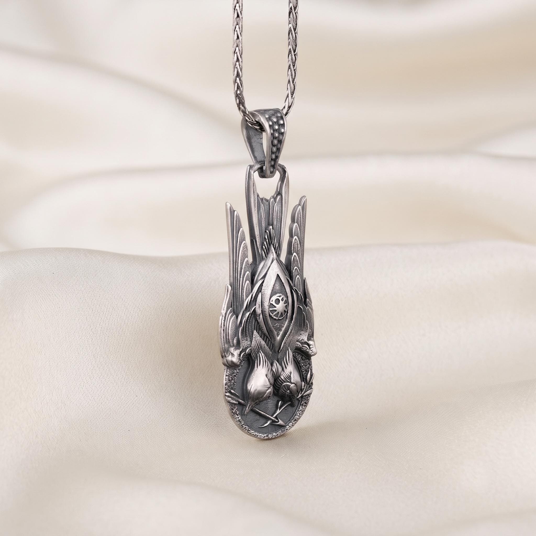 Sterling Silver Double Eagle Pendant, Gothic Mythological Talisman Necklace, Oxidized Finish