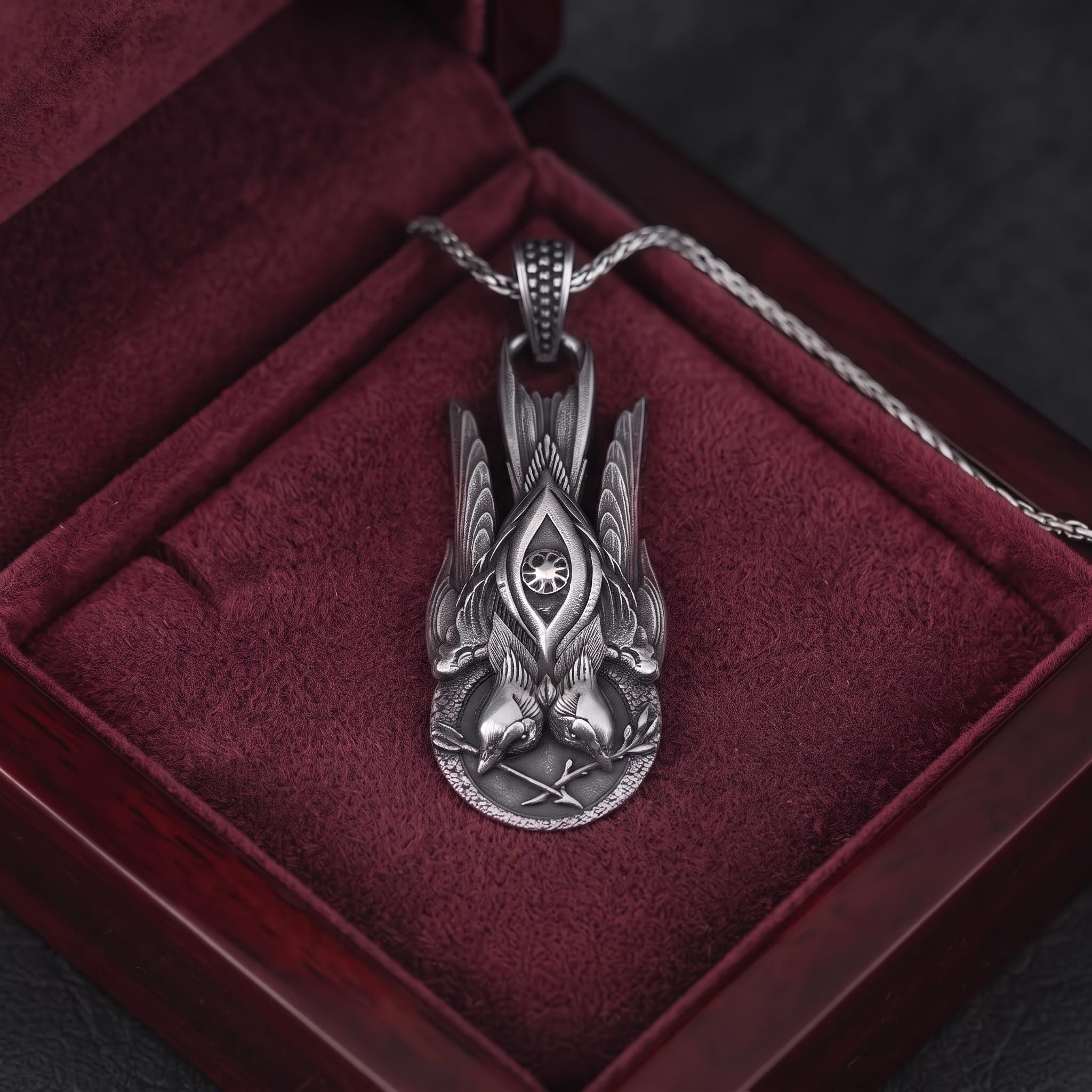 Sterling Silver Double Eagle Pendant, Gothic Mythological Talisman Necklace, Oxidized Finish