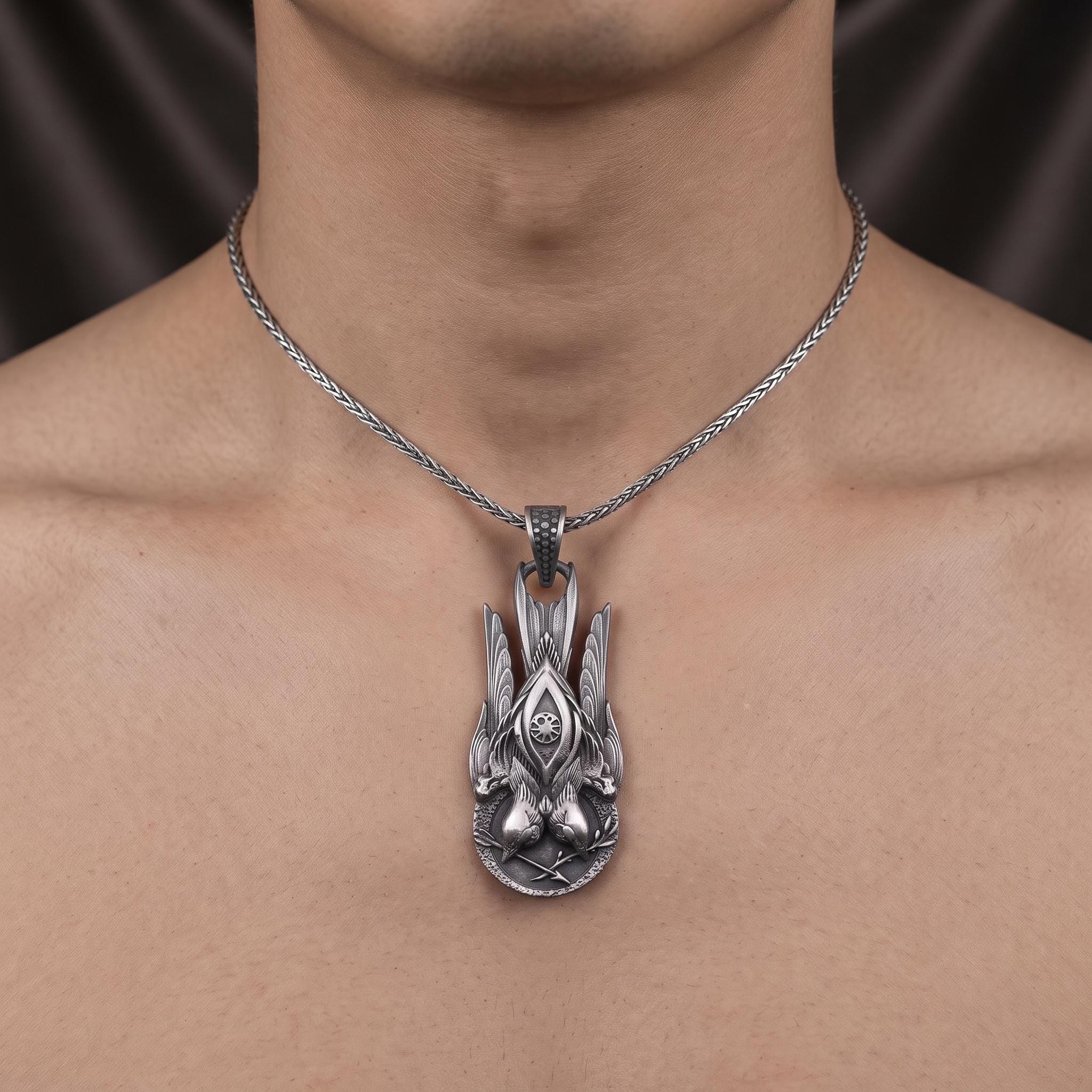 Sterling Silver Double Eagle Pendant, Gothic Mythological Talisman Necklace, Oxidized Finish