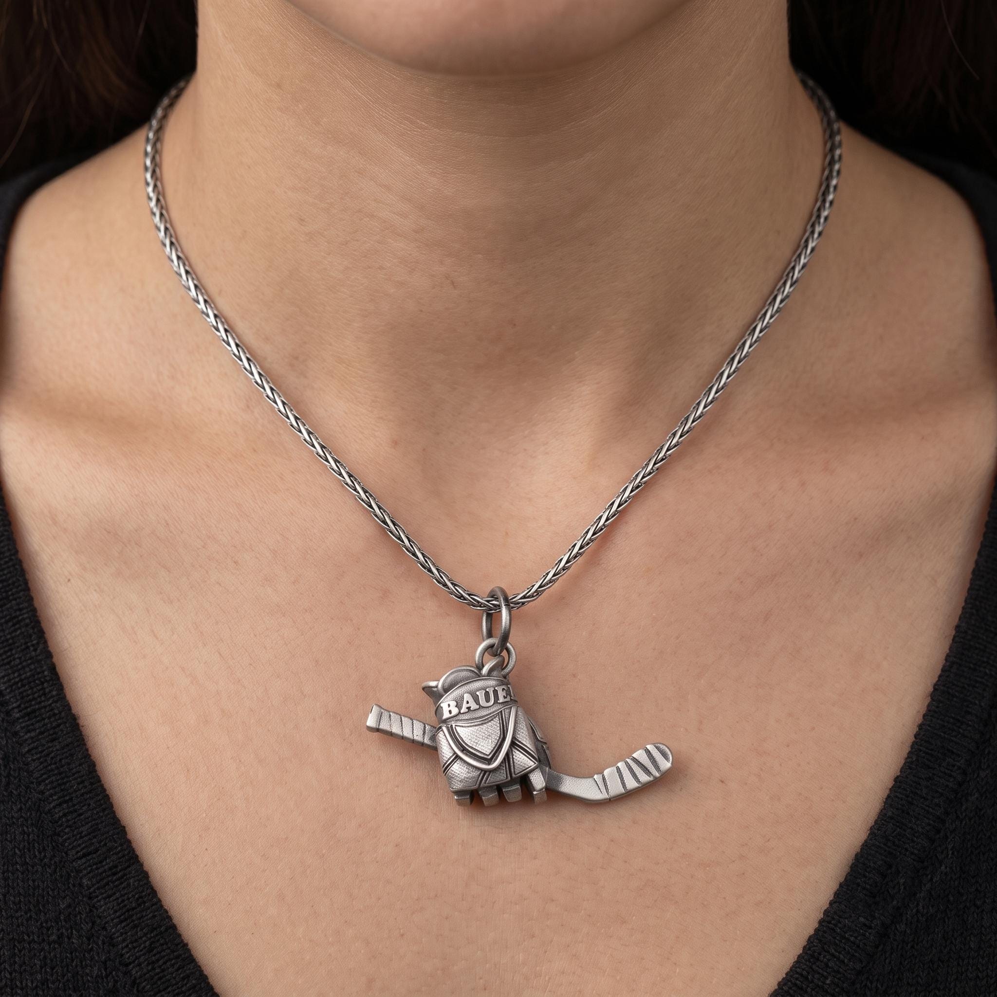 Sterling Silver Hockey Glove and Stick Pendant, Ice Hockey Fan Jewelry