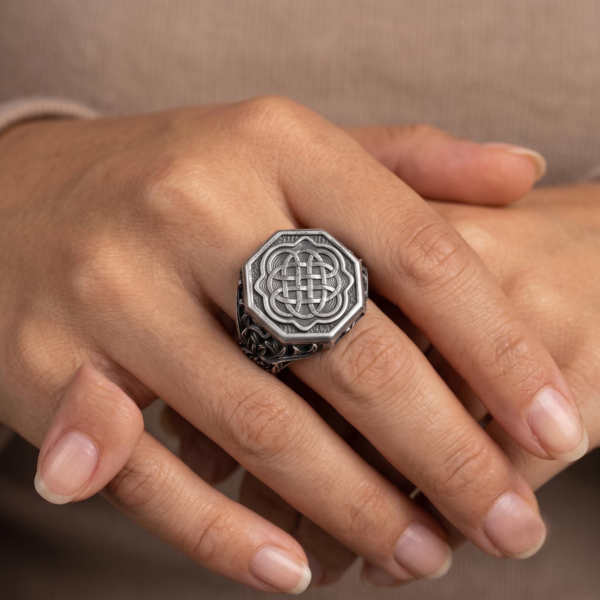 Sterling Silver Celtic Knot Octagon Signet Ring, Gothic Viking Jewelry