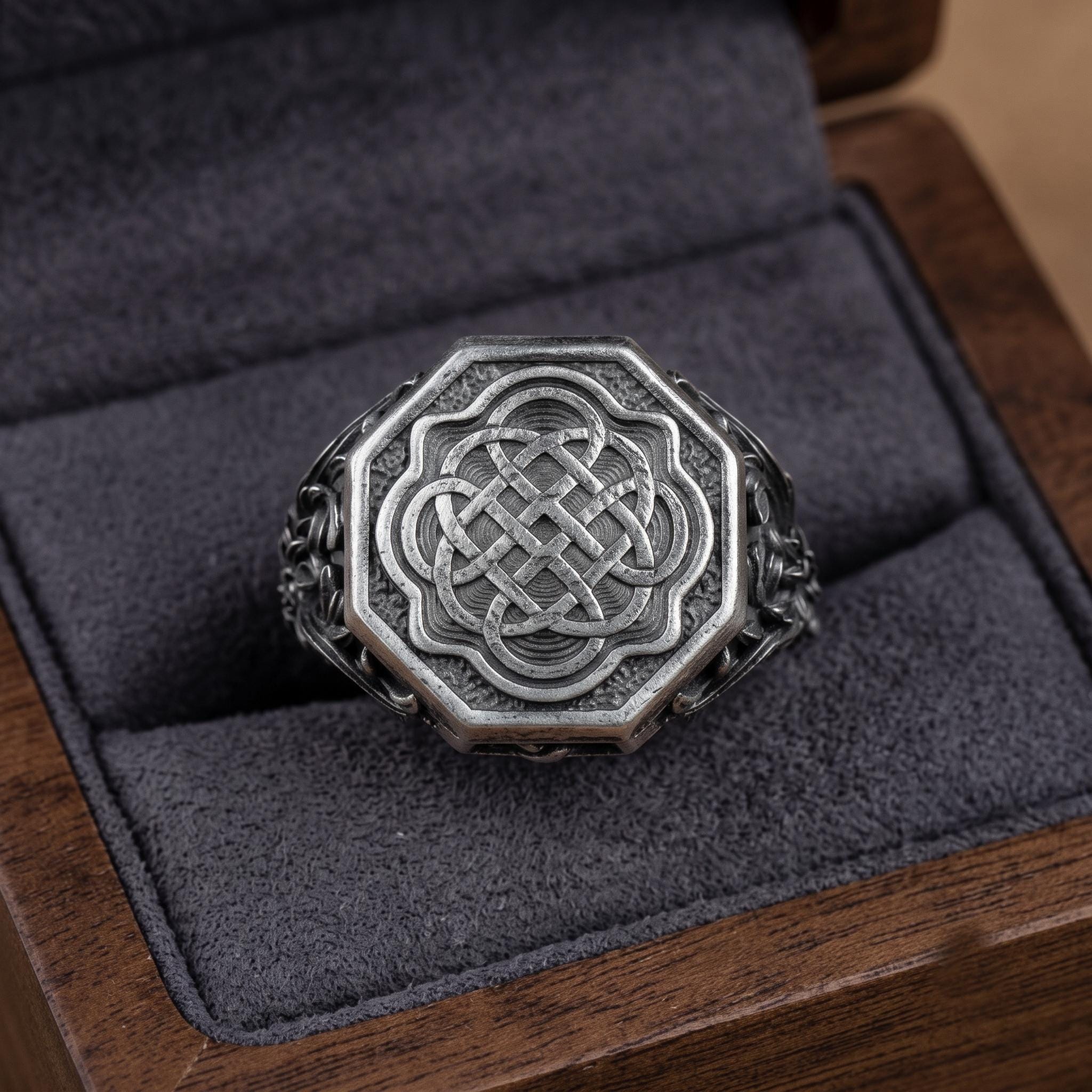 Sterling Silver Celtic Knot Octagon Signet Ring, Gothic Viking Jewelry