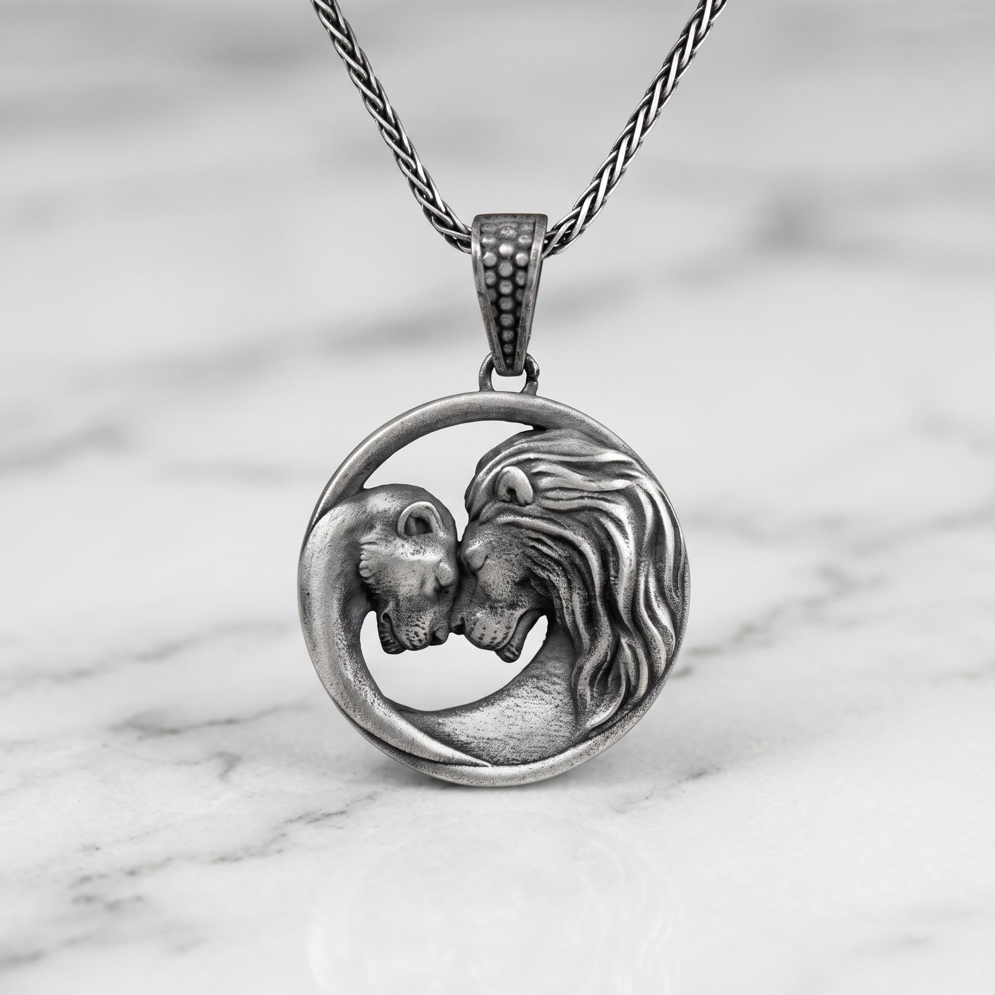 Sterling Silver Lion Lioness Pendant Necklace, Oxidized Couple Jewelry, Animal Charm Gift