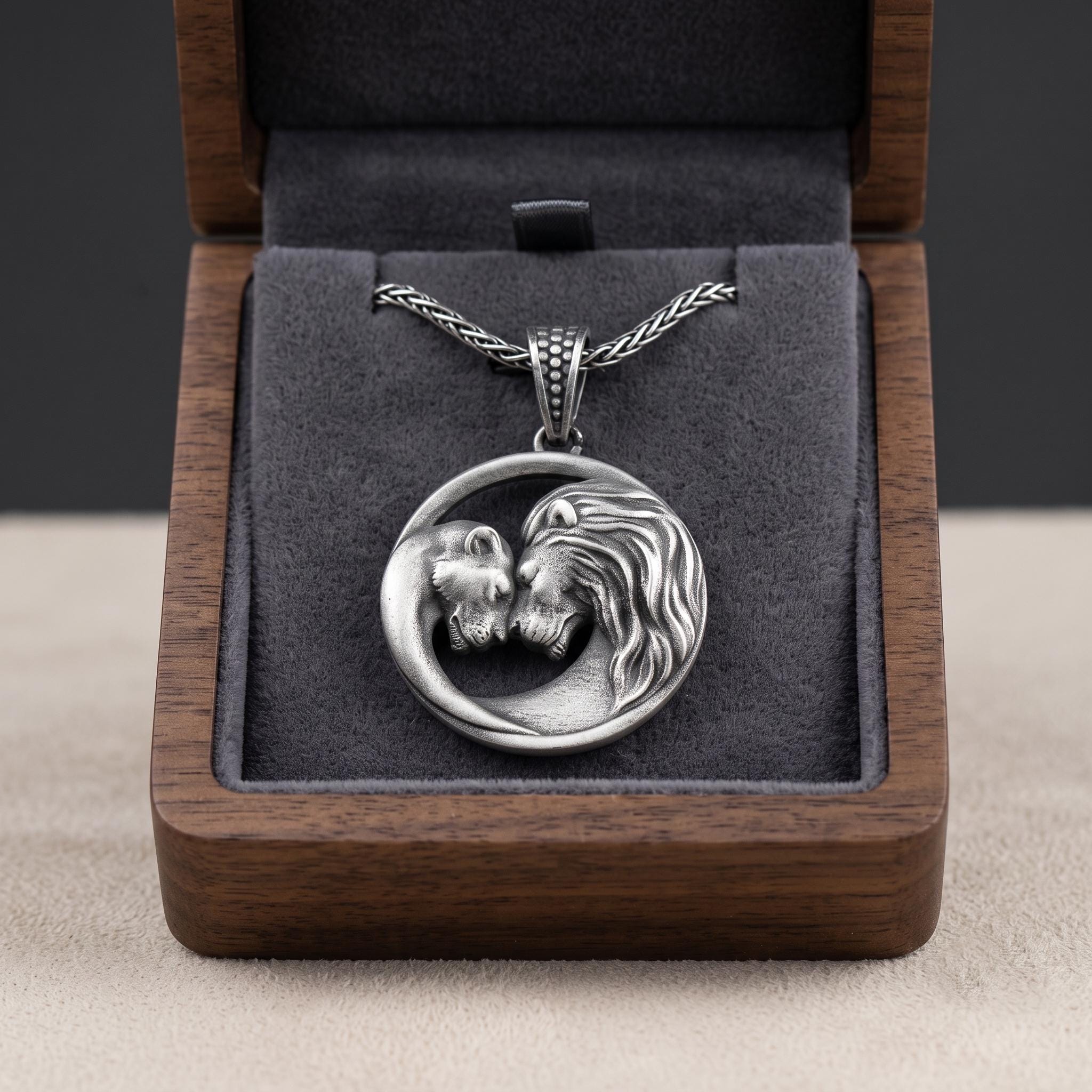 Sterling Silver Lion Lioness Pendant Necklace, Oxidized Couple Jewelry, Animal Charm Gift