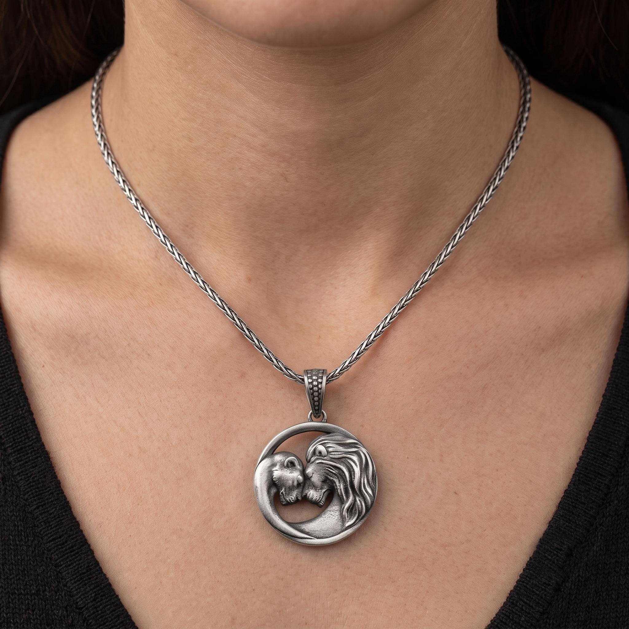 Sterling Silver Lion Lioness Pendant Necklace, Oxidized Couple Jewelry, Animal Charm Gift