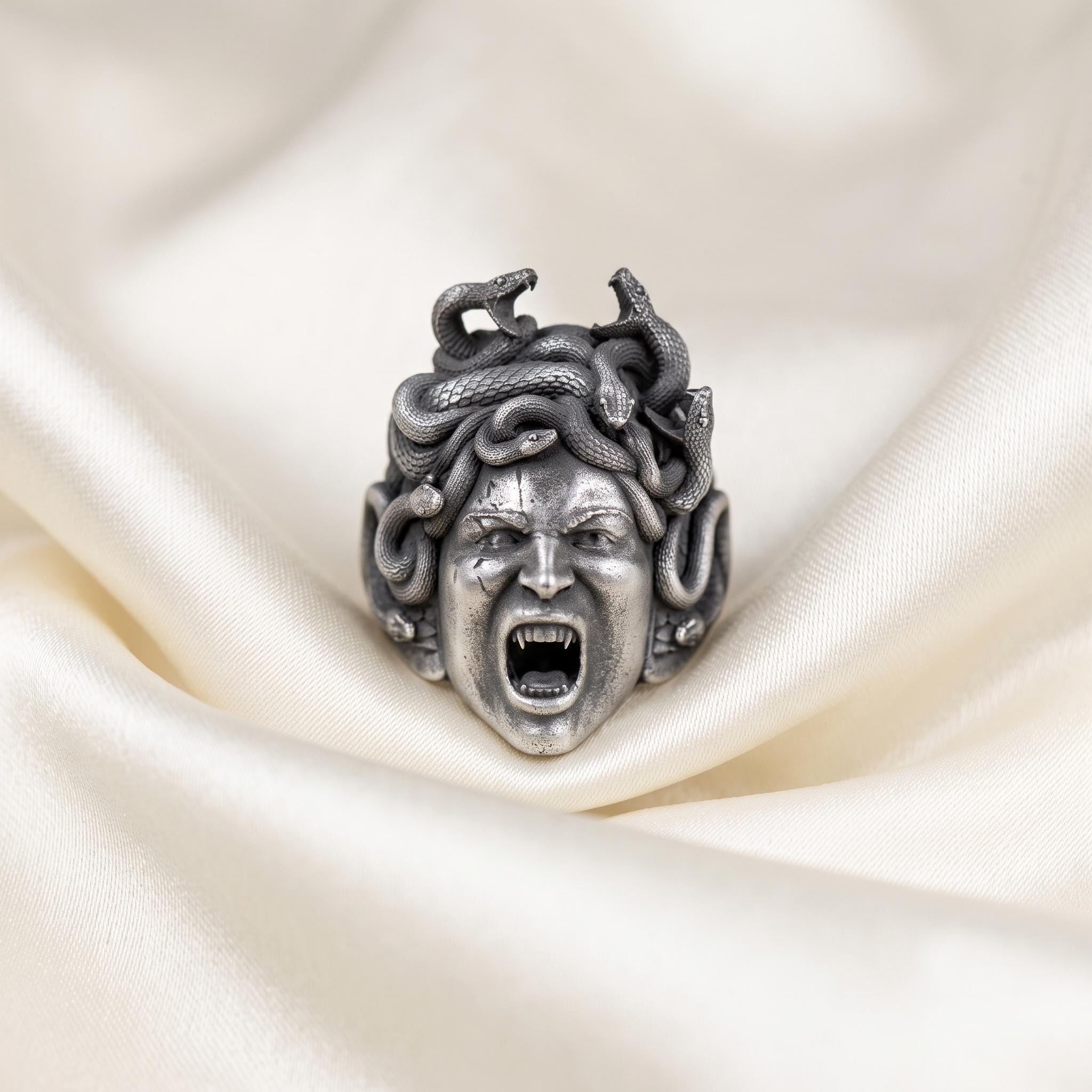 Sterling Silver Medusa Ring, Greek Mythology Gorgon Snake Jewelry, Gothic Statement Piece