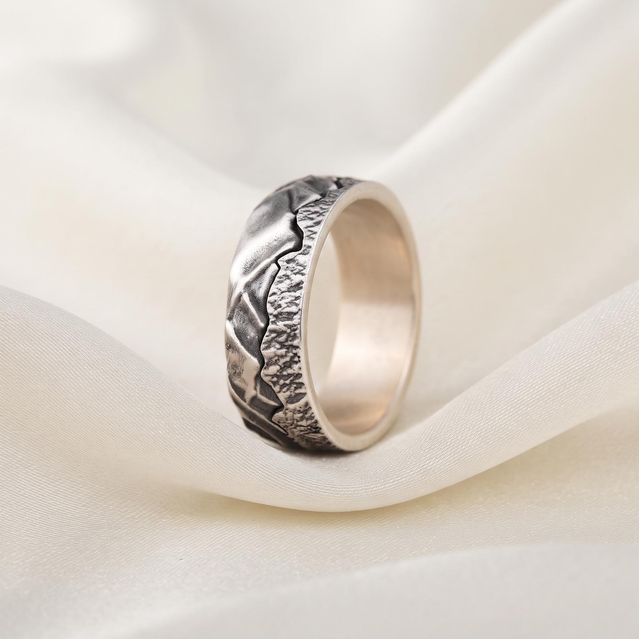Handmade Sterling Silver Mountain Range Ring, Rustic Nature Wedding Band, Hiking Lover Gift