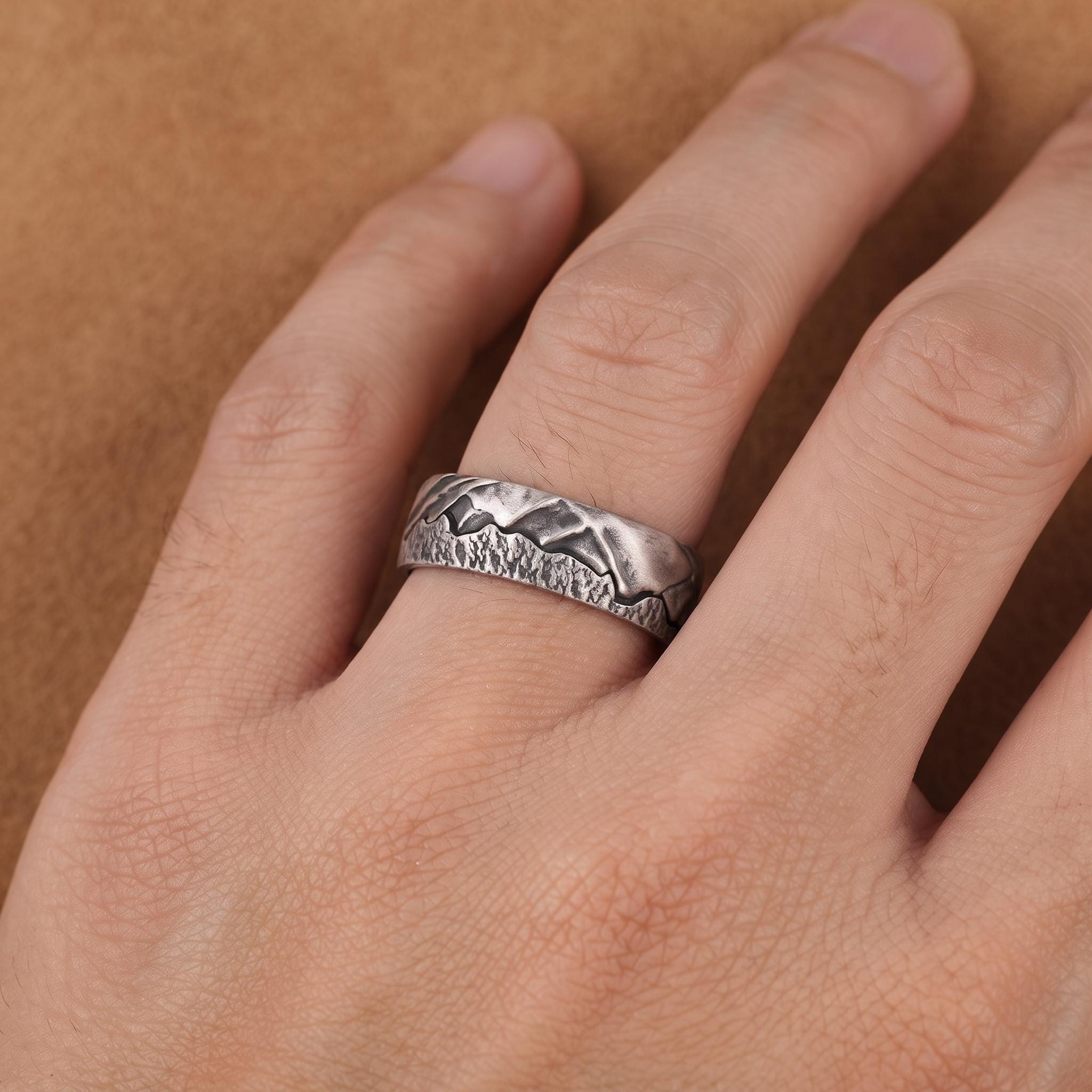 Handmade Sterling Silver Mountain Range Ring, Rustic Nature Wedding Band, Hiking Lover Gift