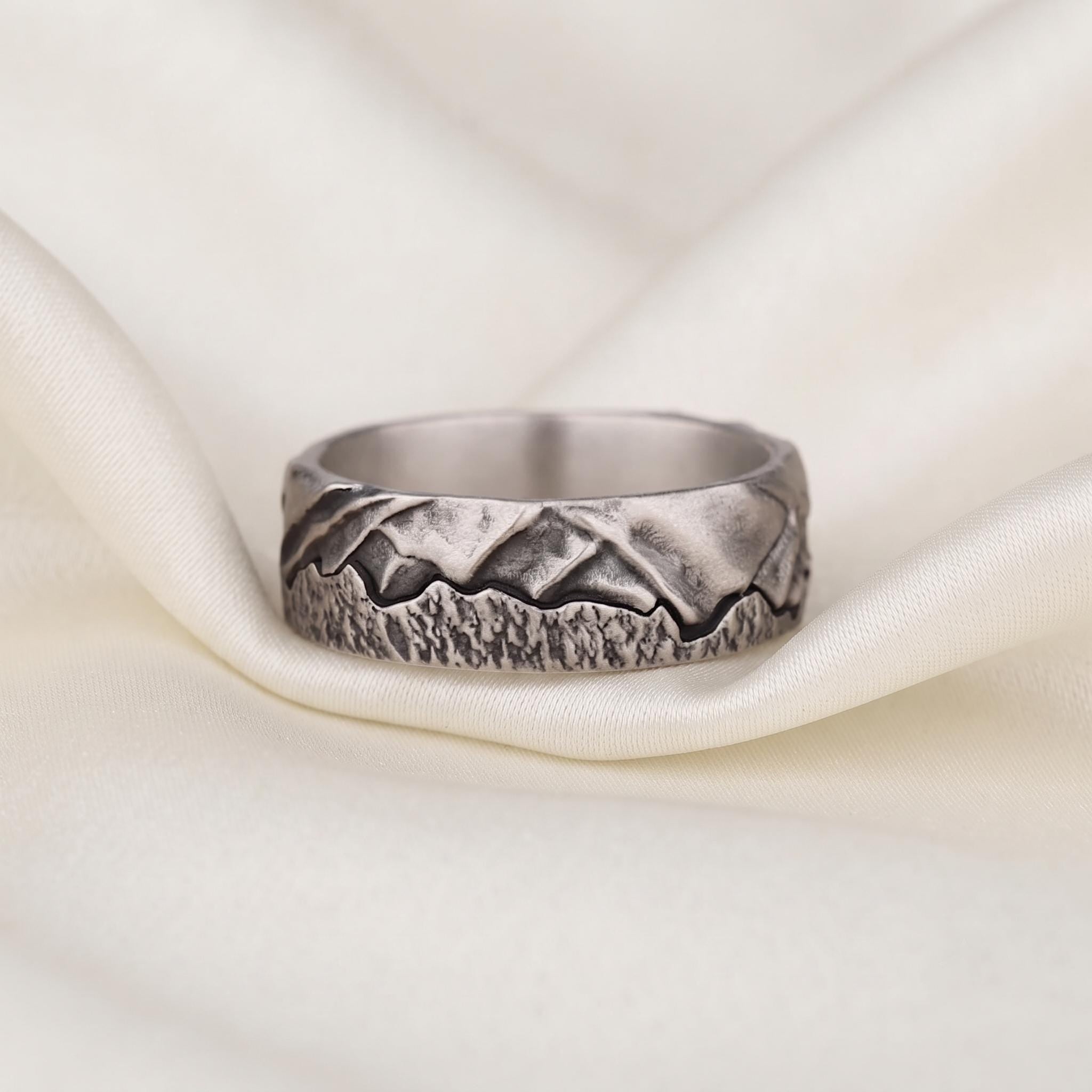 Handmade Sterling Silver Mountain Range Ring, Rustic Nature Wedding Band, Hiking Lover Gift