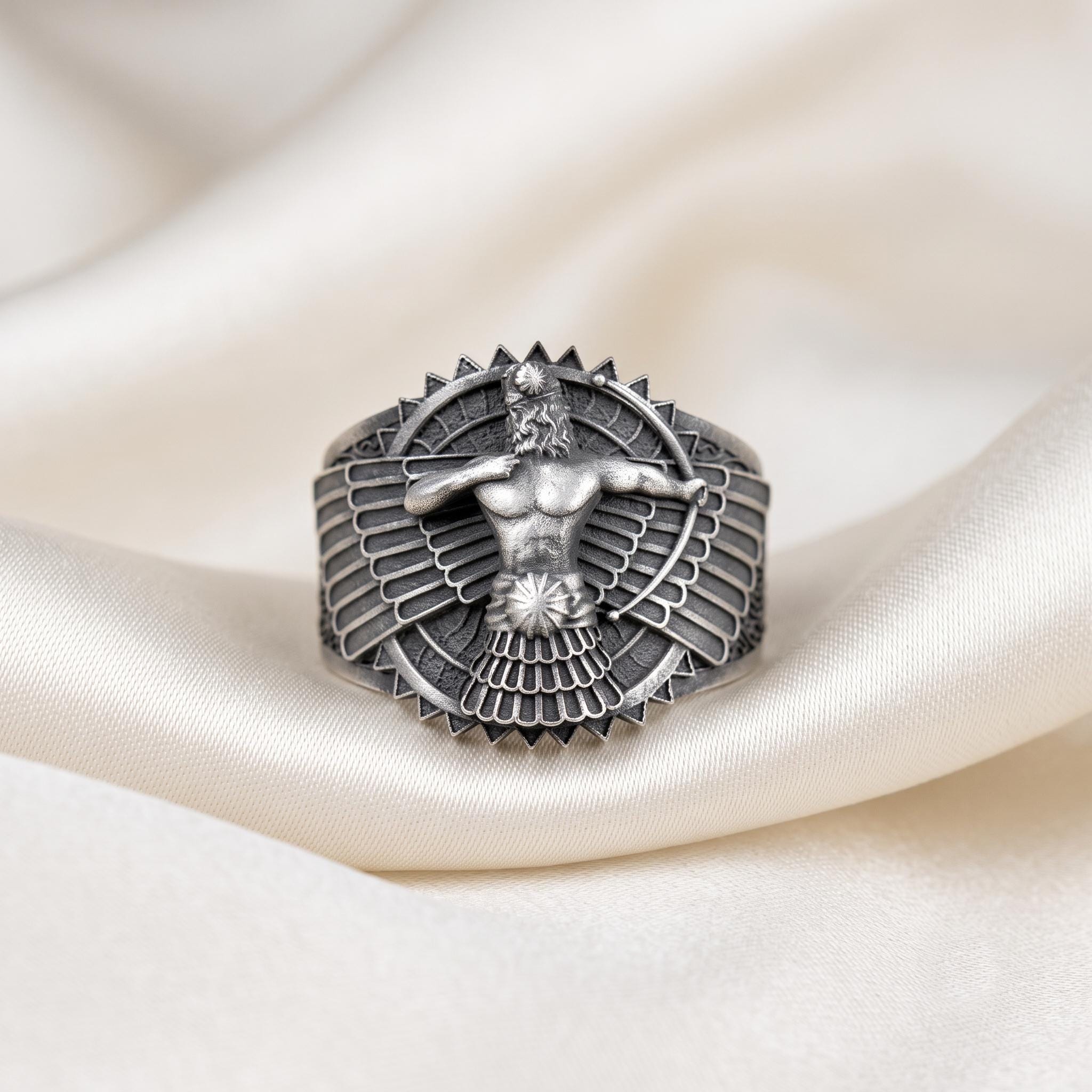 Sterling Silver Faravahar Signet Ring, Persian Winged Symbol, Zoroastrian Jewelry