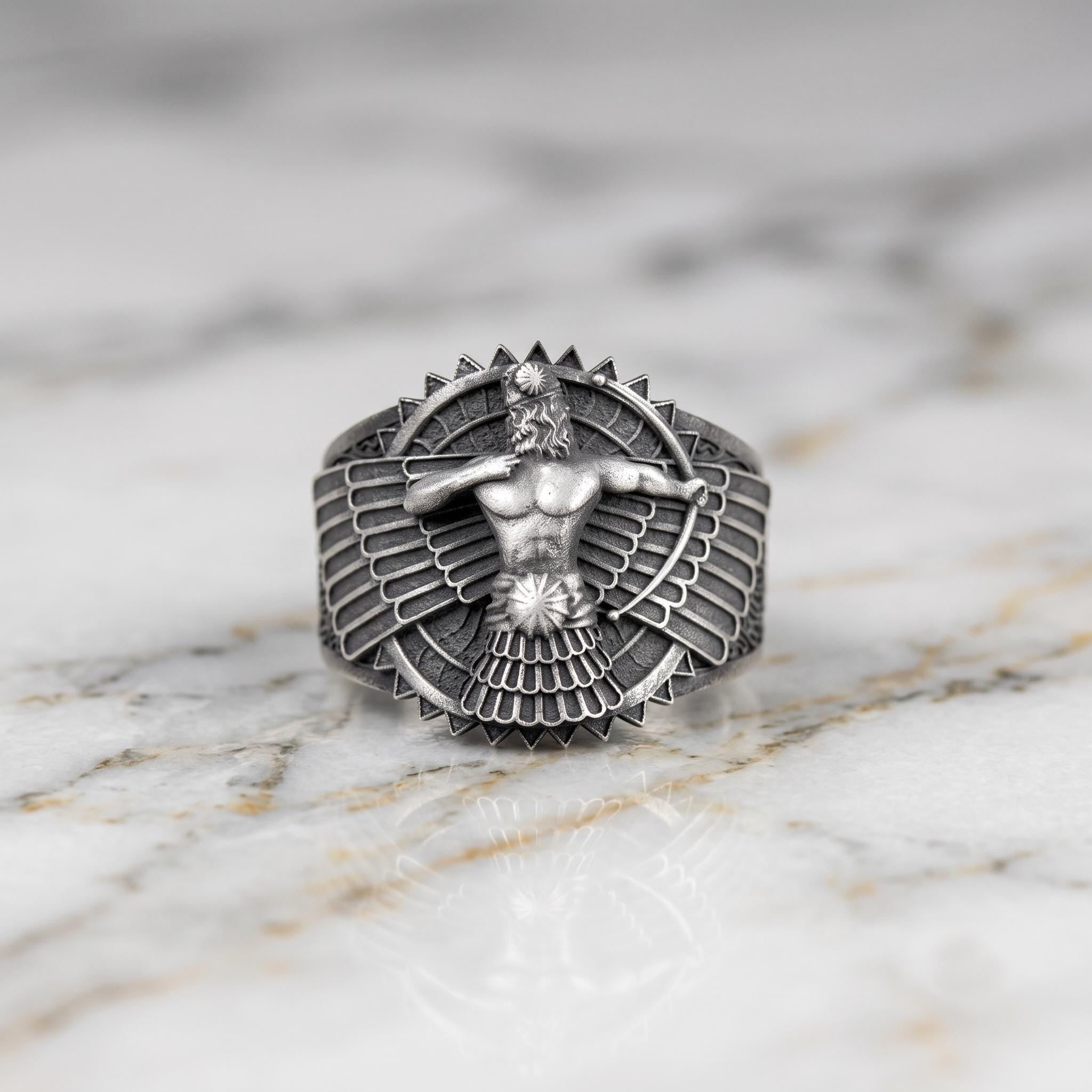 Sterling Silver Faravahar Signet Ring, Persian Winged Symbol, Zoroastrian Jewelry
