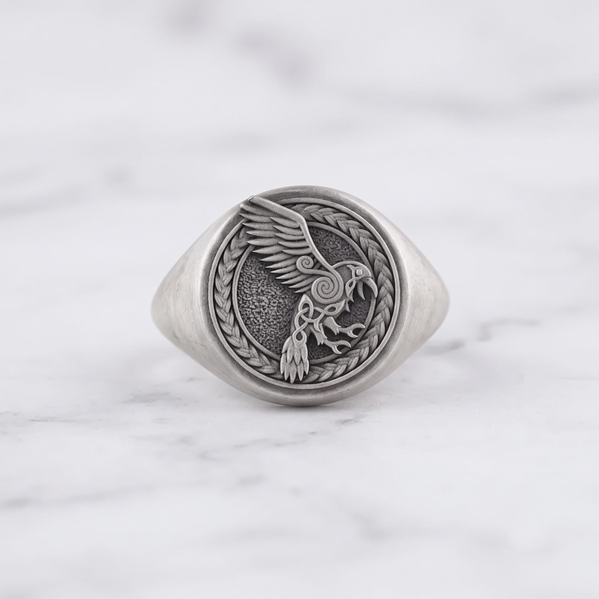 Sterling Silver Viking Raven Signet Ring, Norse Mythology Jewelry, Men's Statement Piece