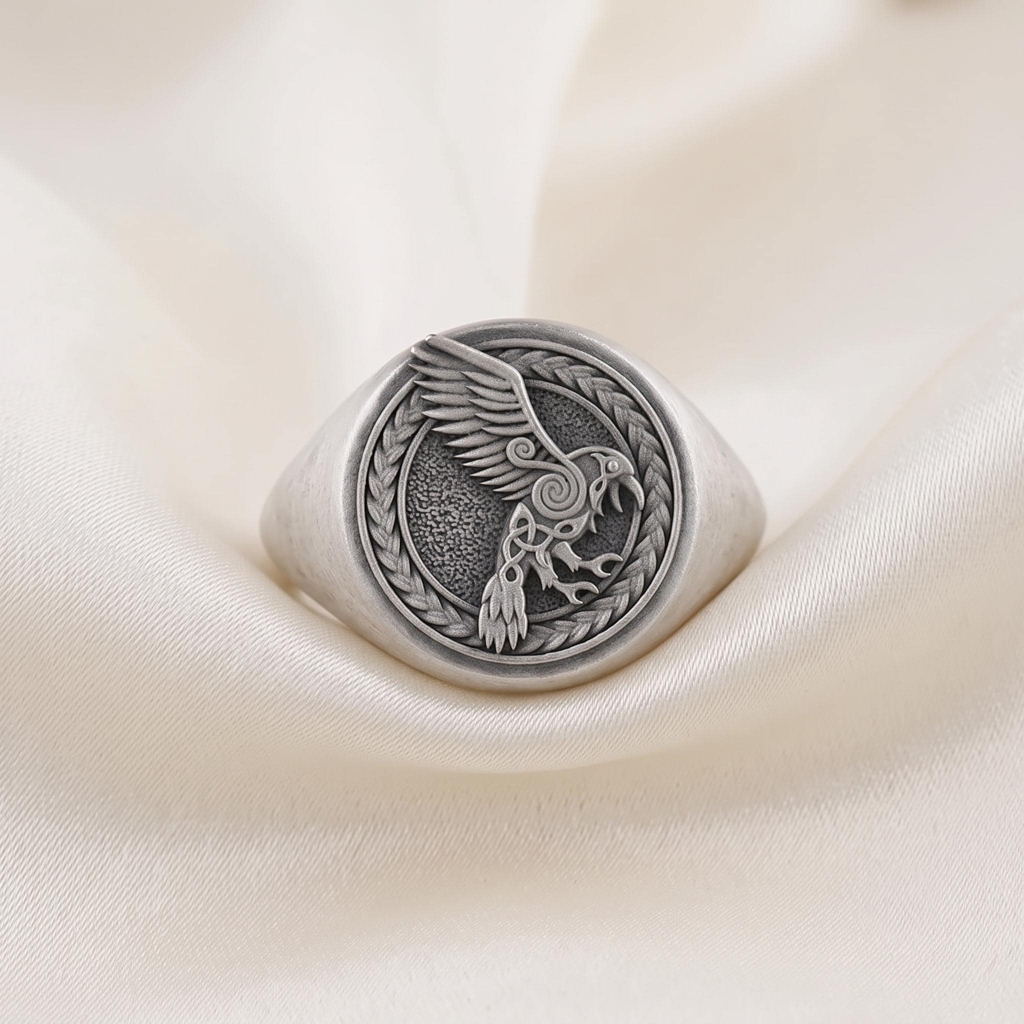 Sterling Silver Viking Raven Signet Ring, Norse Mythology Jewelry, Men's Statement Piece