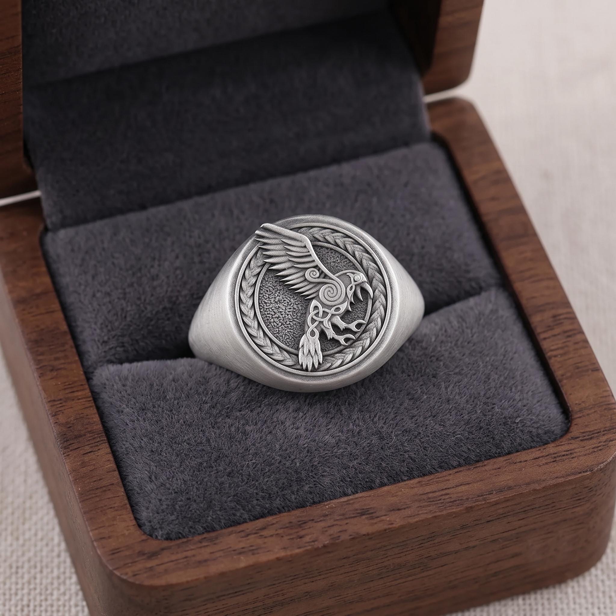 Sterling Silver Viking Raven Signet Ring, Norse Mythology Jewelry, Men's Statement Piece