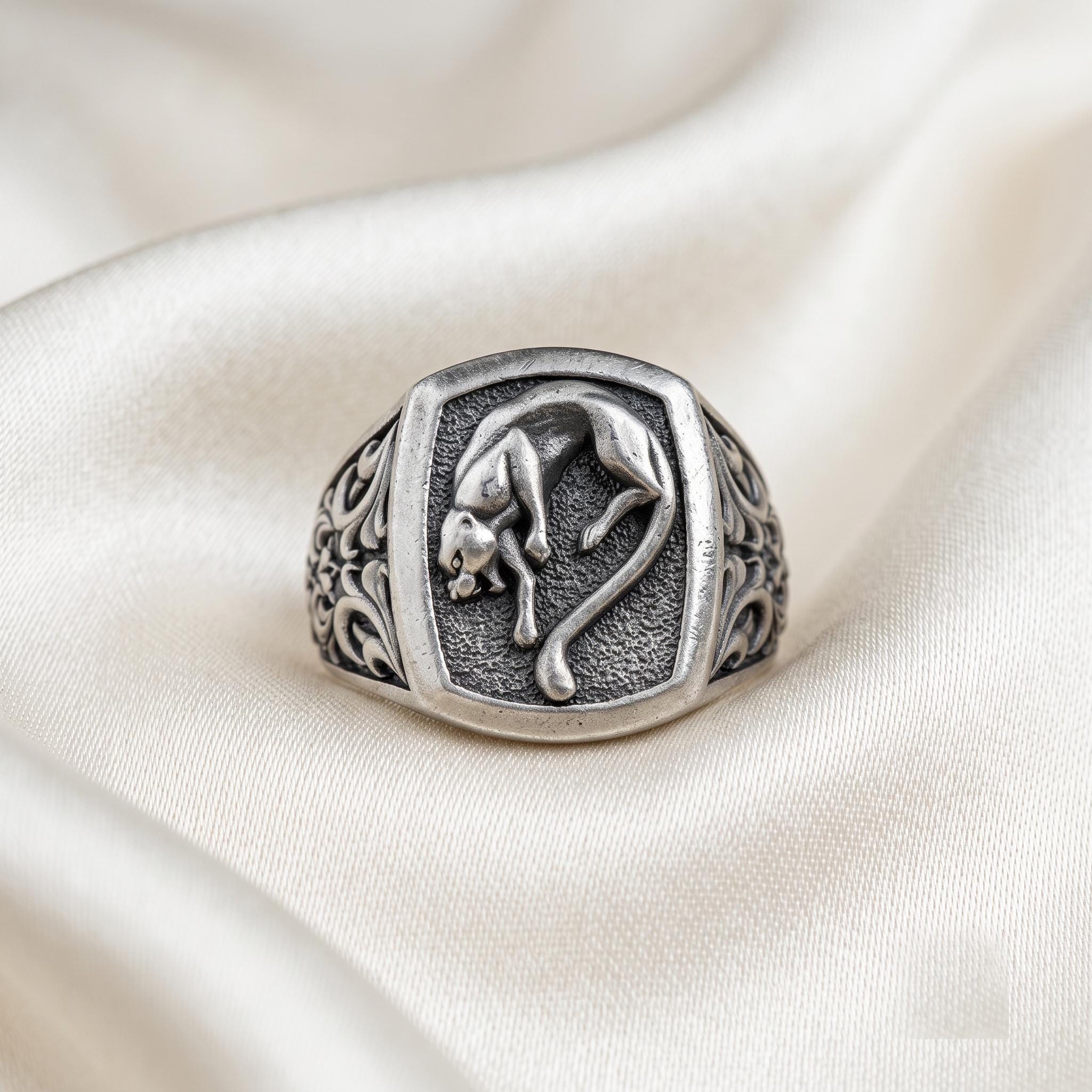 Sterling Silver Panther Signet Ring, Gothic Filigree, Bold Statement Jewelry