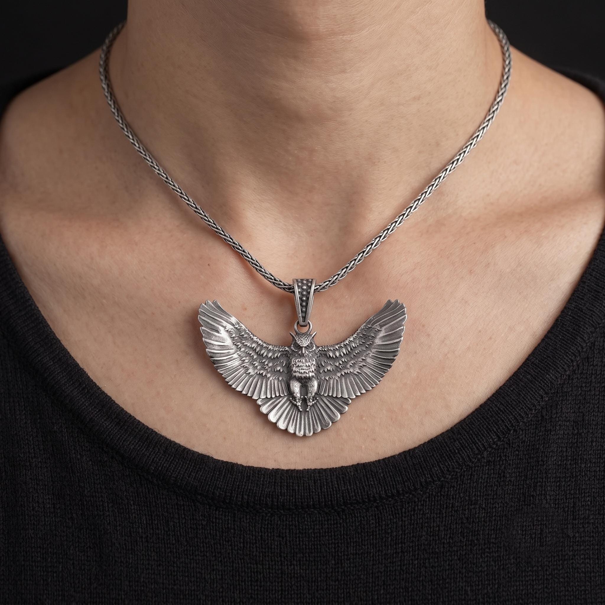 Handmade Sterling Silver Eagle Pendant, Spread Wings, Oxidized Finish, Men's Jewelry