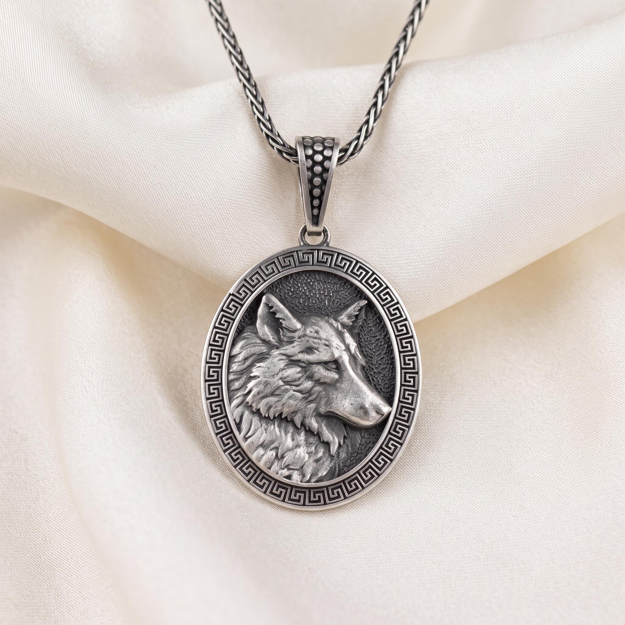 Handmade Sterling Silver Wolf Pendant Necklace, Oxidized Viking Talisman, Men's Animal Jewelry