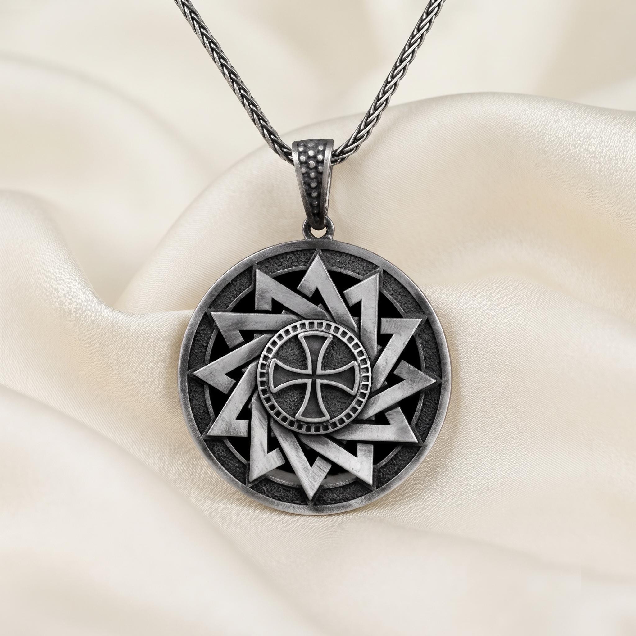 Mens Slavic Sun Wheel Pendant, Viking Amulet Necklace, Gothic Round Silver Pendant, Norse Mythology Jewelry, Men's Talisman Gift