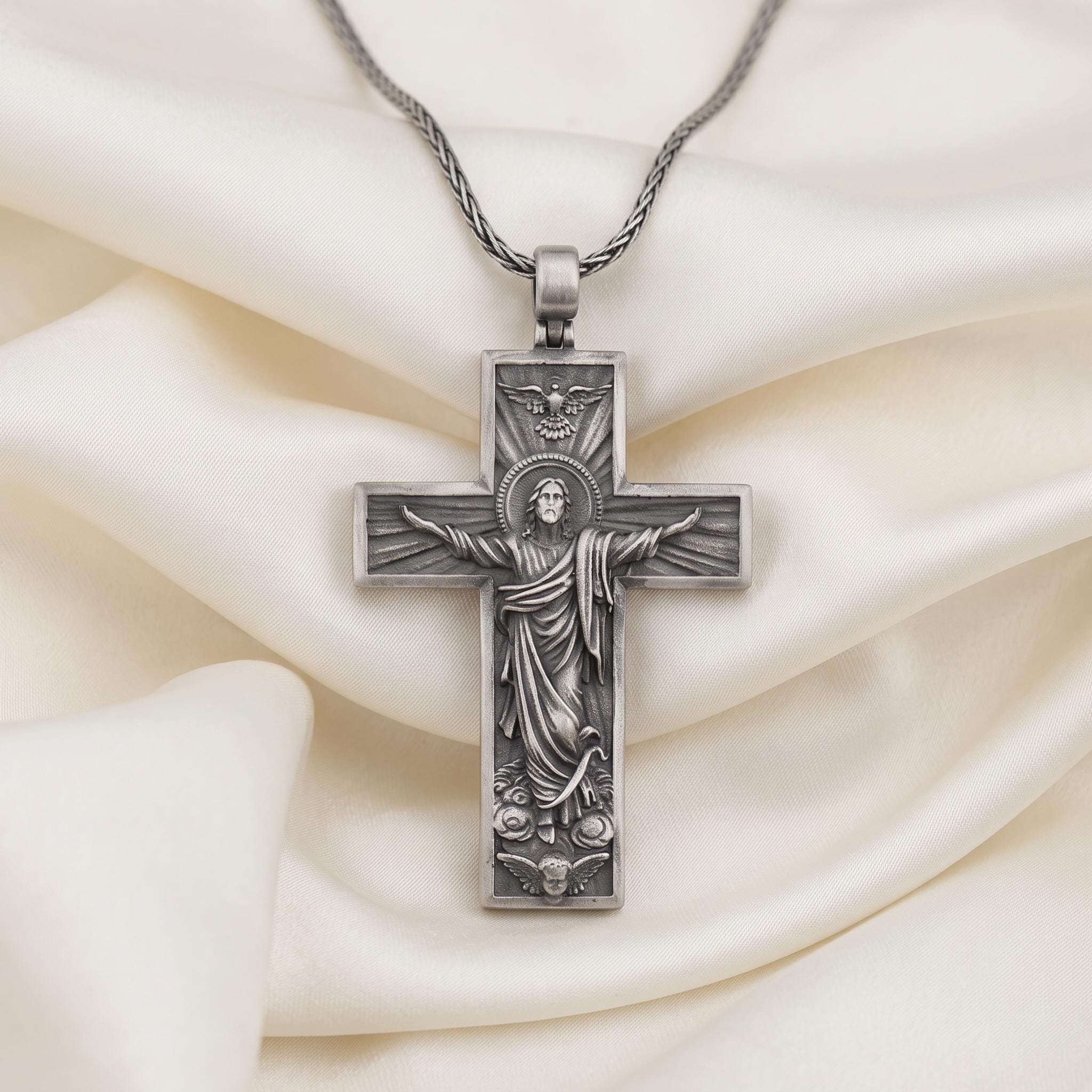 Sterling Silver Jesus Christ Cross Pendant Necklace, Oxidized Religious Jewelry