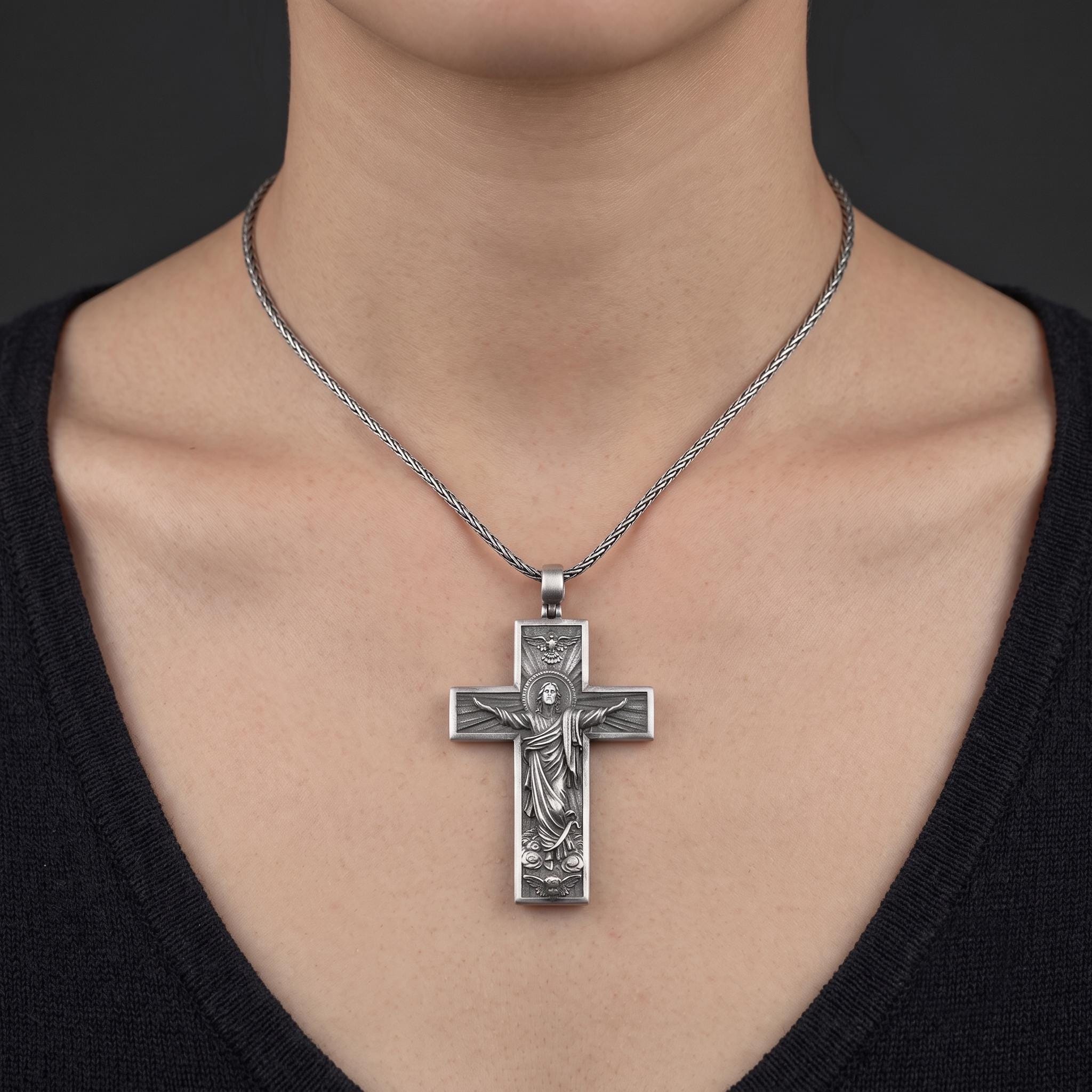 Sterling Silver Jesus Christ Cross Pendant Necklace, Oxidized Religious Jewelry