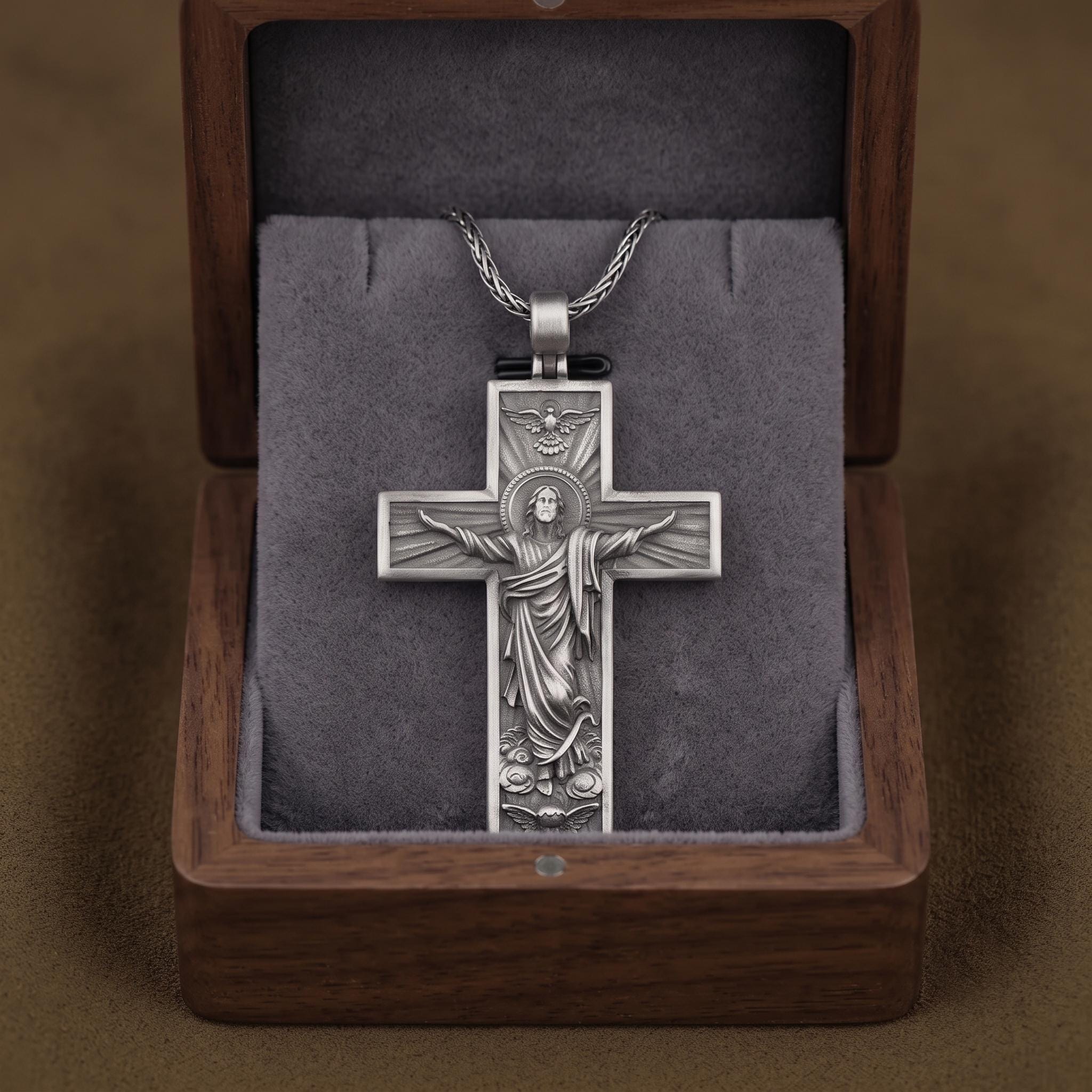 Sterling Silver Jesus Christ Cross Pendant Necklace, Oxidized Religious Jewelry