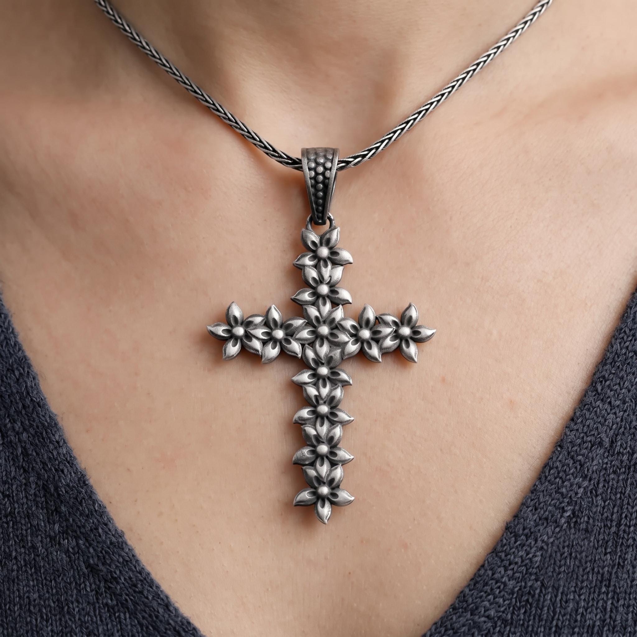 Sterling Silver Floral Cross Pendant, Oxidized Crucifix Necklace, Religious Jewelry