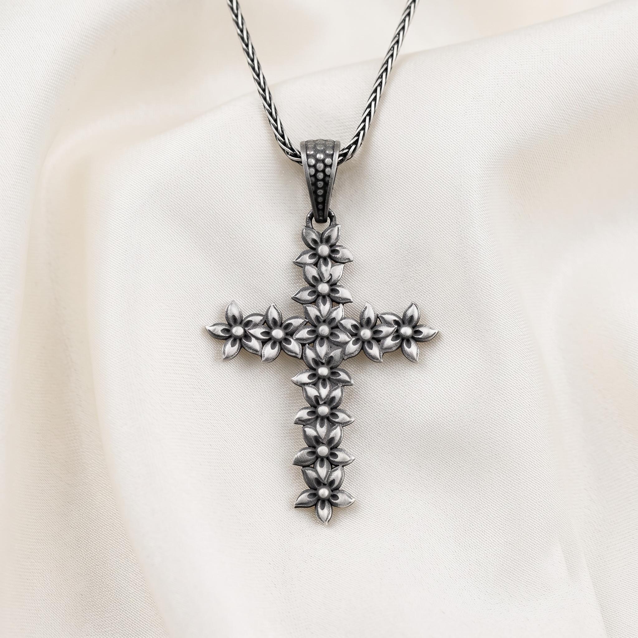 Sterling Silver Floral Cross Pendant, Oxidized Crucifix Necklace, Religious Jewelry