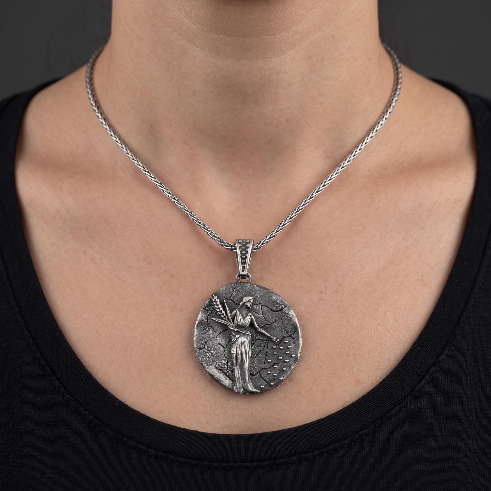 Handmade Demeter Goddess Pendant, Oxidized Sterling Silver Coin Necklace, Greek Mythology Harvest Jewelry