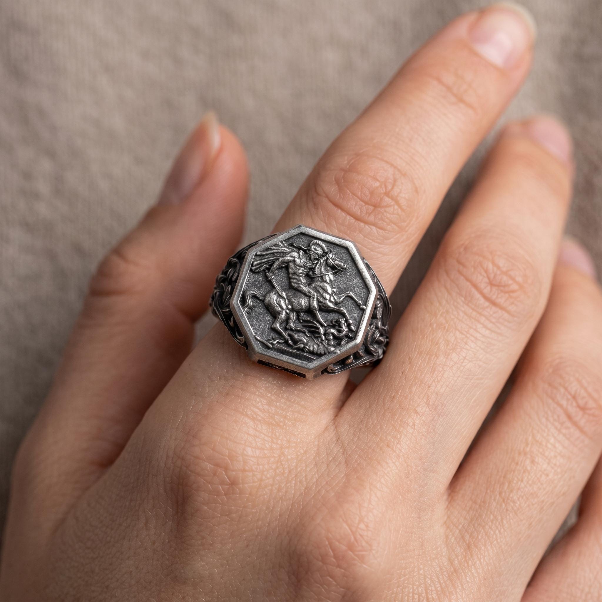 Vintage Sterling Silver Saint George Signet Ring, Oxidized Warrior Design, Gothic Statement Piece