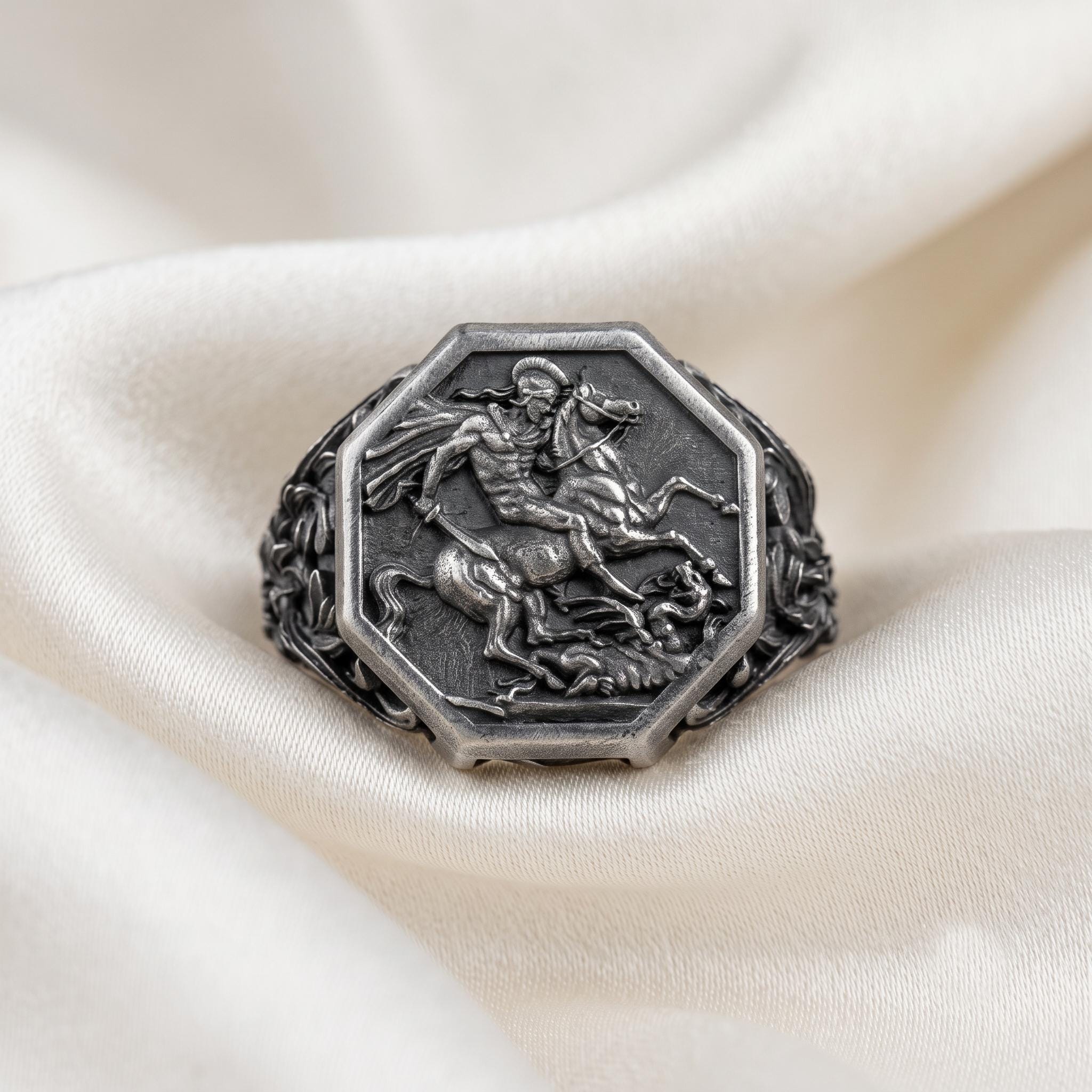 Vintage Sterling Silver Saint George Signet Ring, Oxidized Warrior Design, Gothic Statement Piece