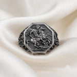 Vintage Sterling Silver Saint George Signet Ring, Oxidized Warrior Design, Gothic Statement Piece