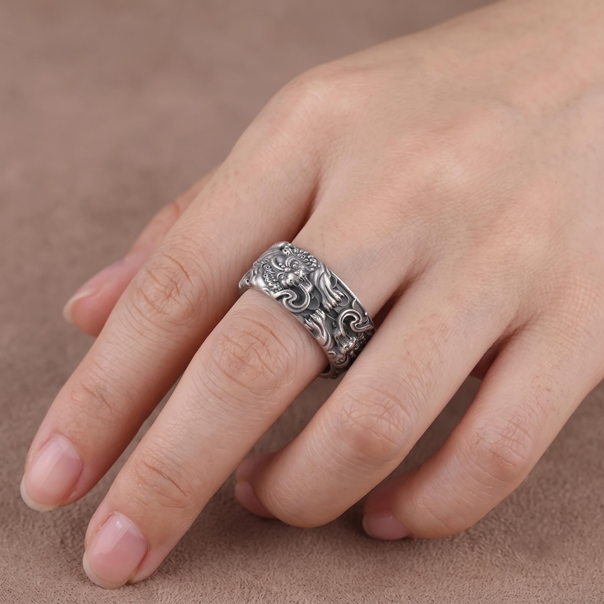 Handmade Sterling Silver Dragon Band Ring, Oxidized Gothic Jewelry