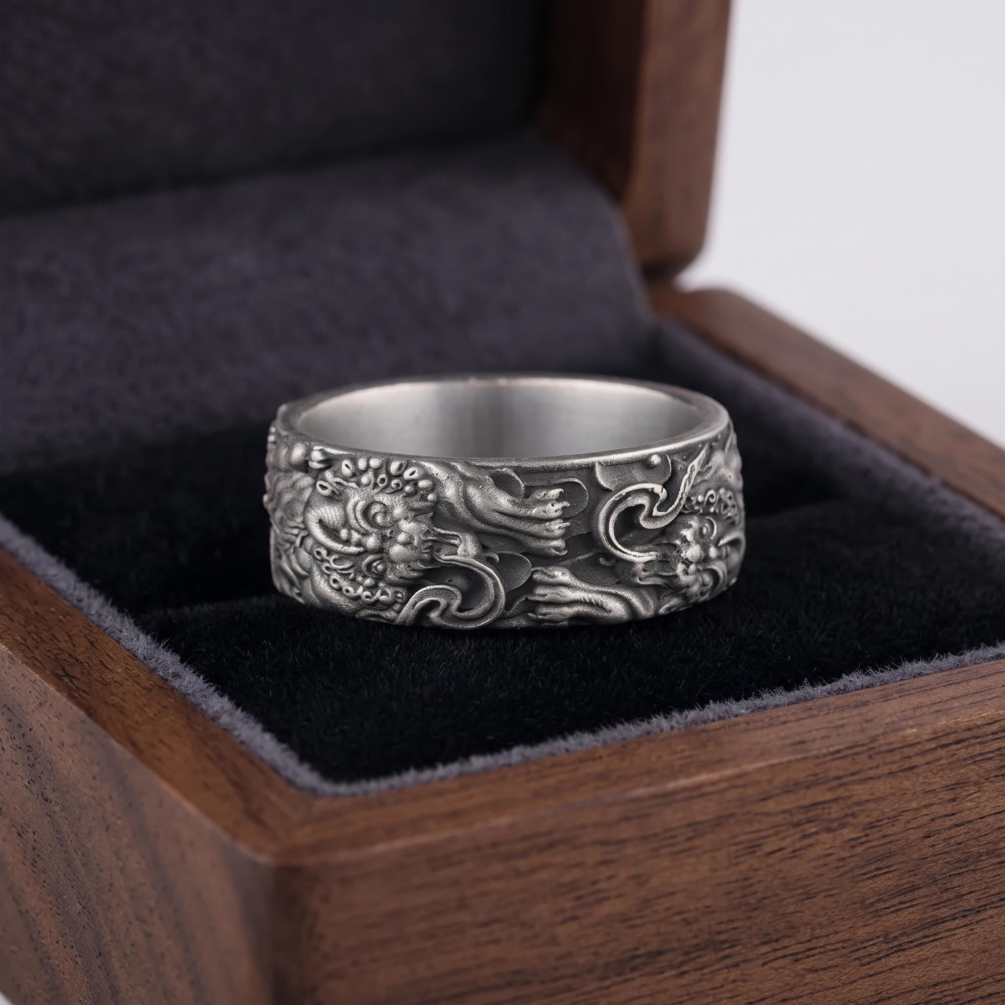 Handmade Sterling Silver Dragon Band Ring, Oxidized Gothic Jewelry