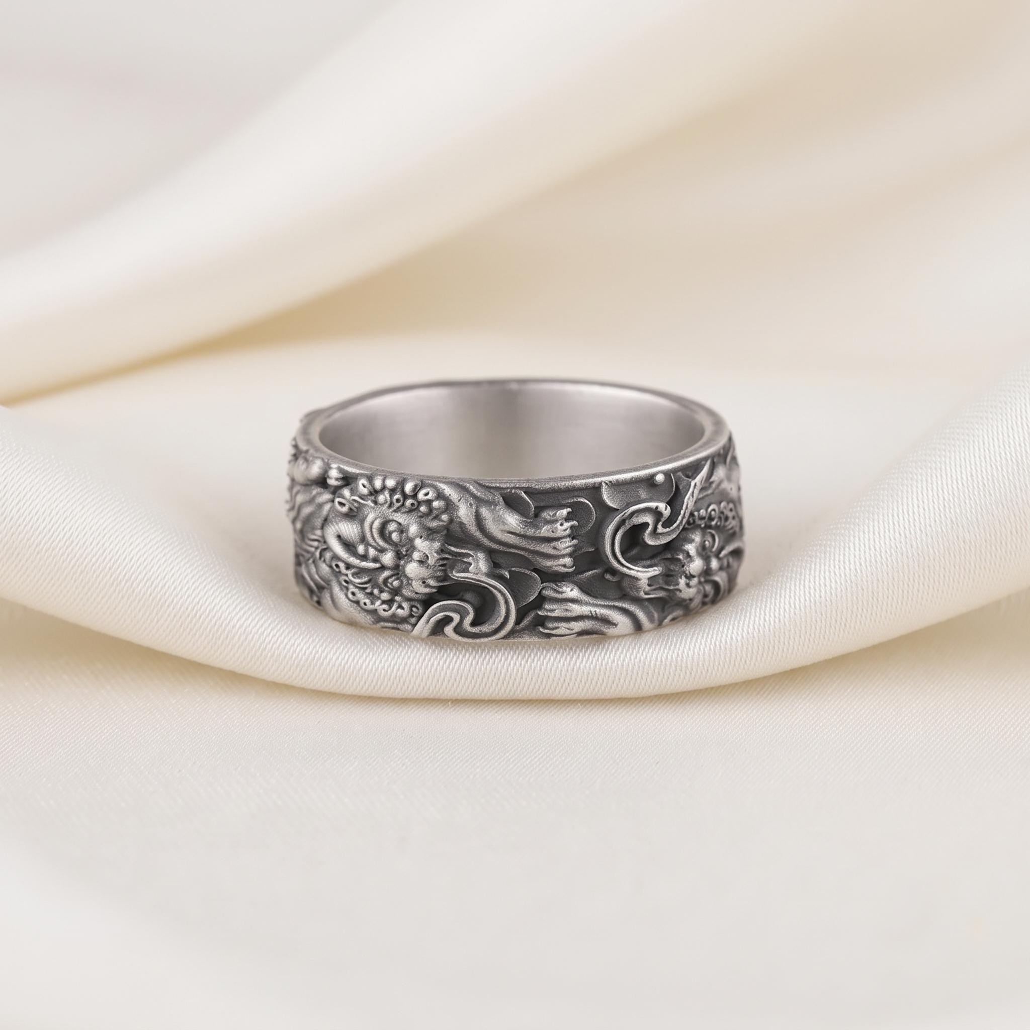 Handmade Sterling Silver Dragon Band Ring, Oxidized Gothic Jewelry